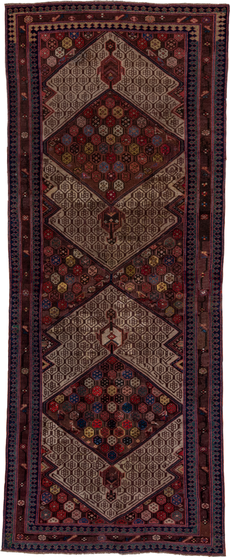 4' x 10' one-of-a-kind handmade vintage Cam Hamadan runner rug. Color palette: ivory, burgundy, navy, rust, brown, rose