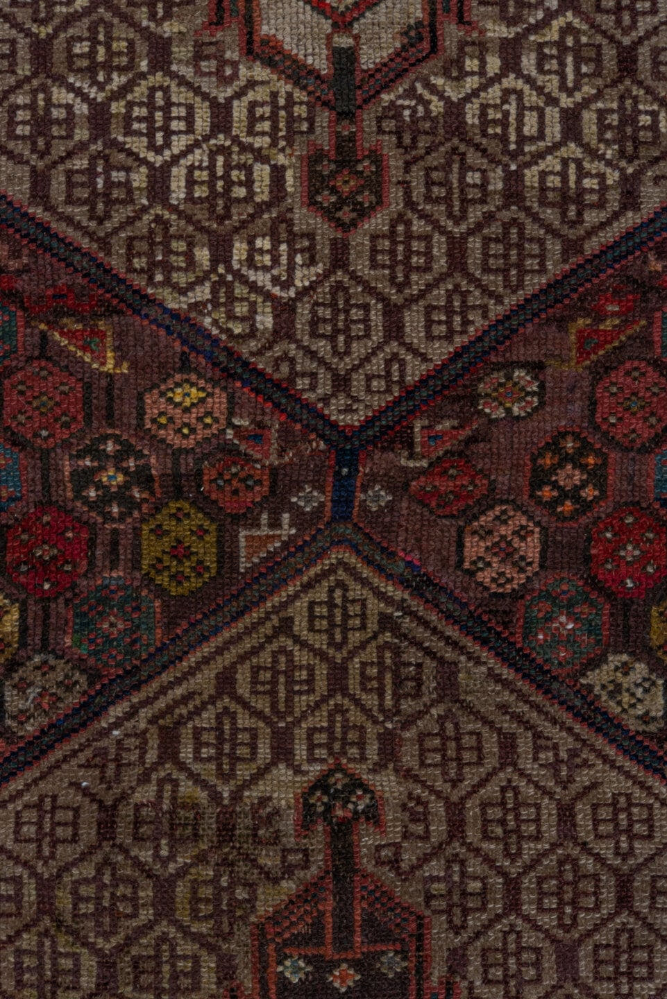 4' x 10' one-of-a-kind handmade vintage Cam Hamadan runner rug. Color palette: ivory, burgundy, navy, rust, brown, rose