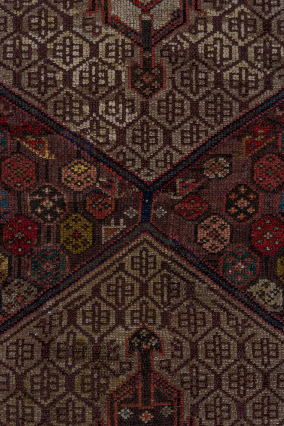 4' x 10' one-of-a-kind handmade vintage Cam Hamadan runner rug. Color palette: black, blue, brown, gray, pink, red, wine