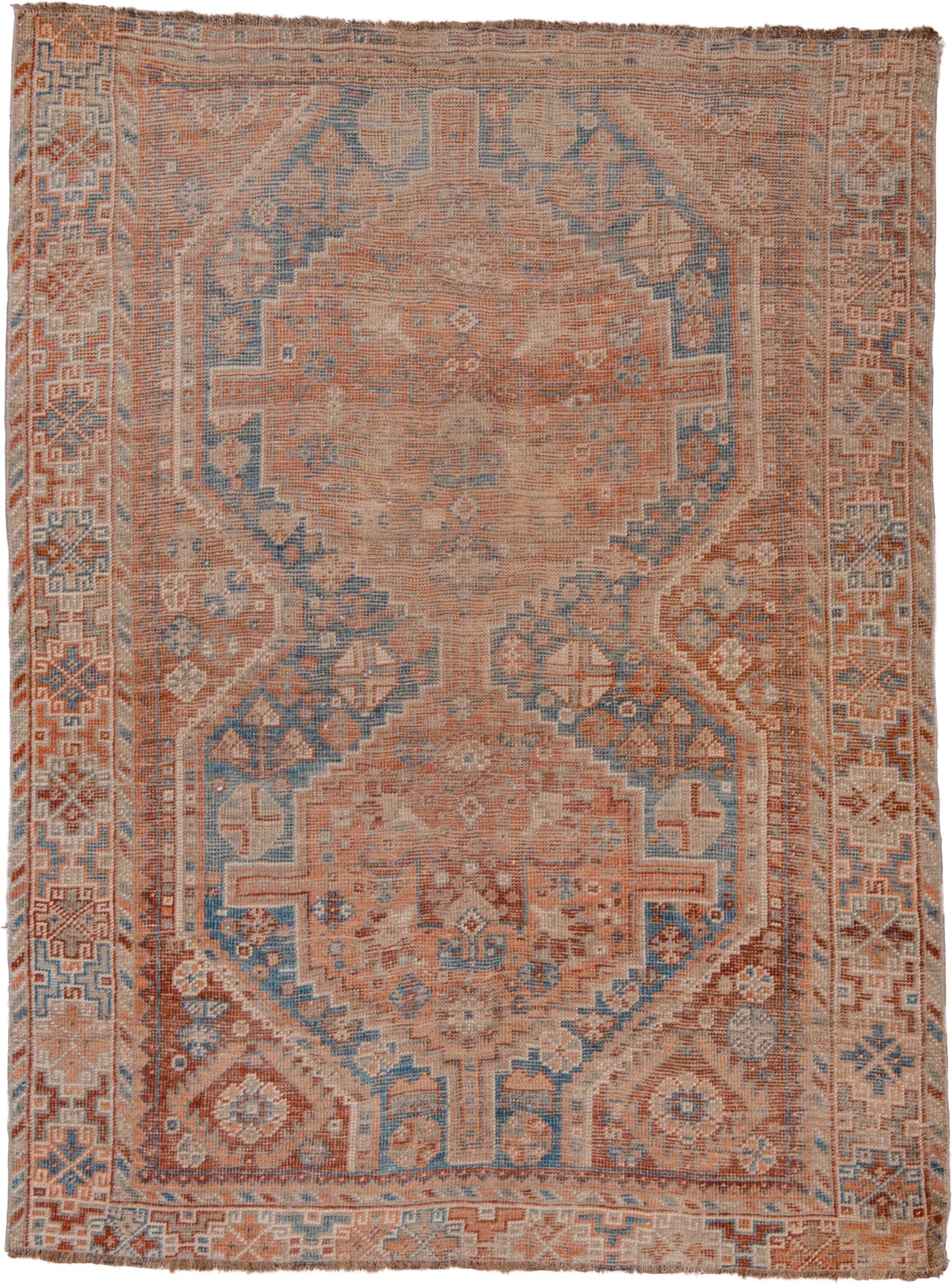 3' x 5' one-of-a-kind handmade vintage Shiraz small size rug. Color palette: terra cotta, ivory, sky blue, rust, beige