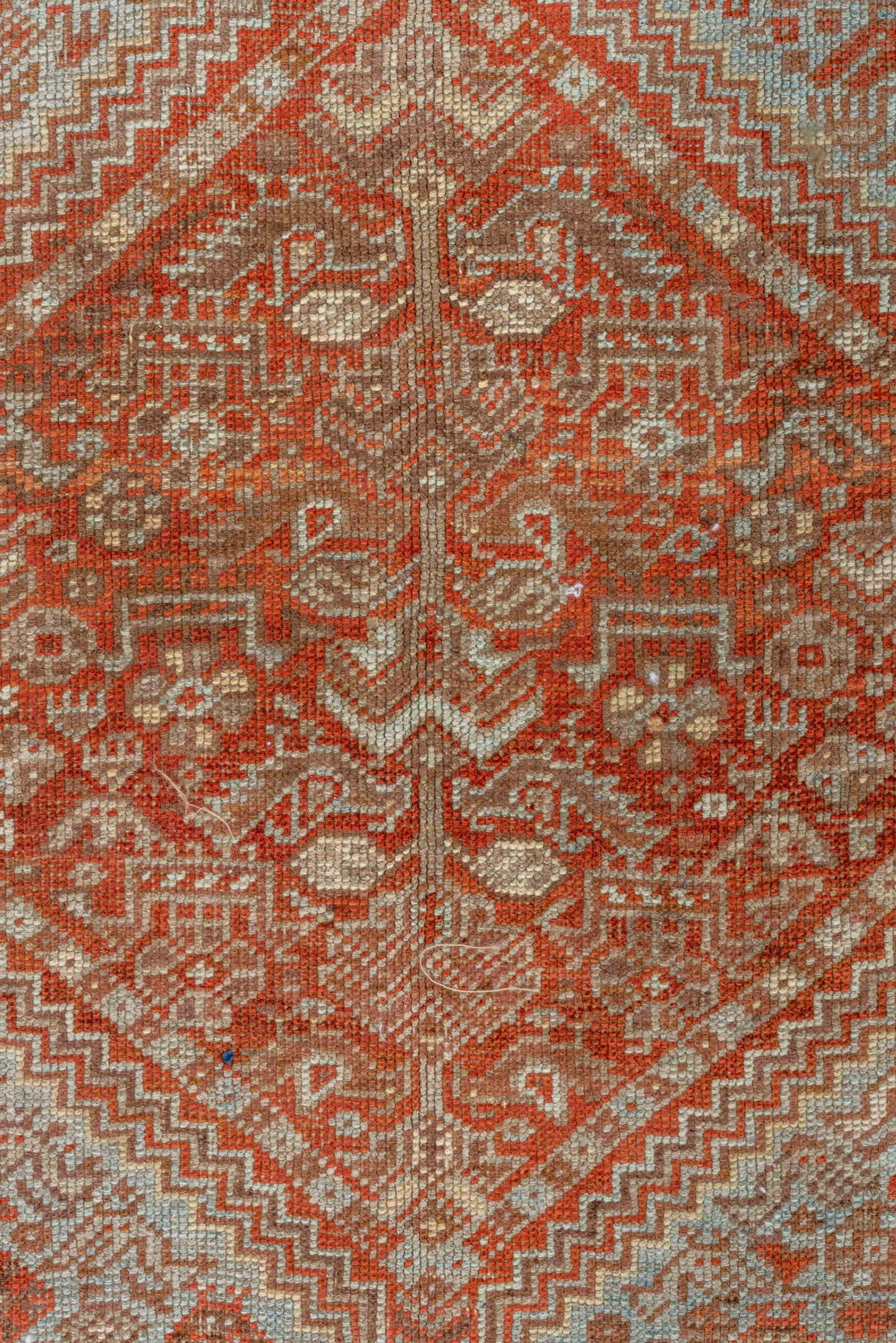 7' x 10' one-of-a-kind handmade vintage Shiraz large size rug. Color palette: rust, ivory, terra cotta, sky blue, camel