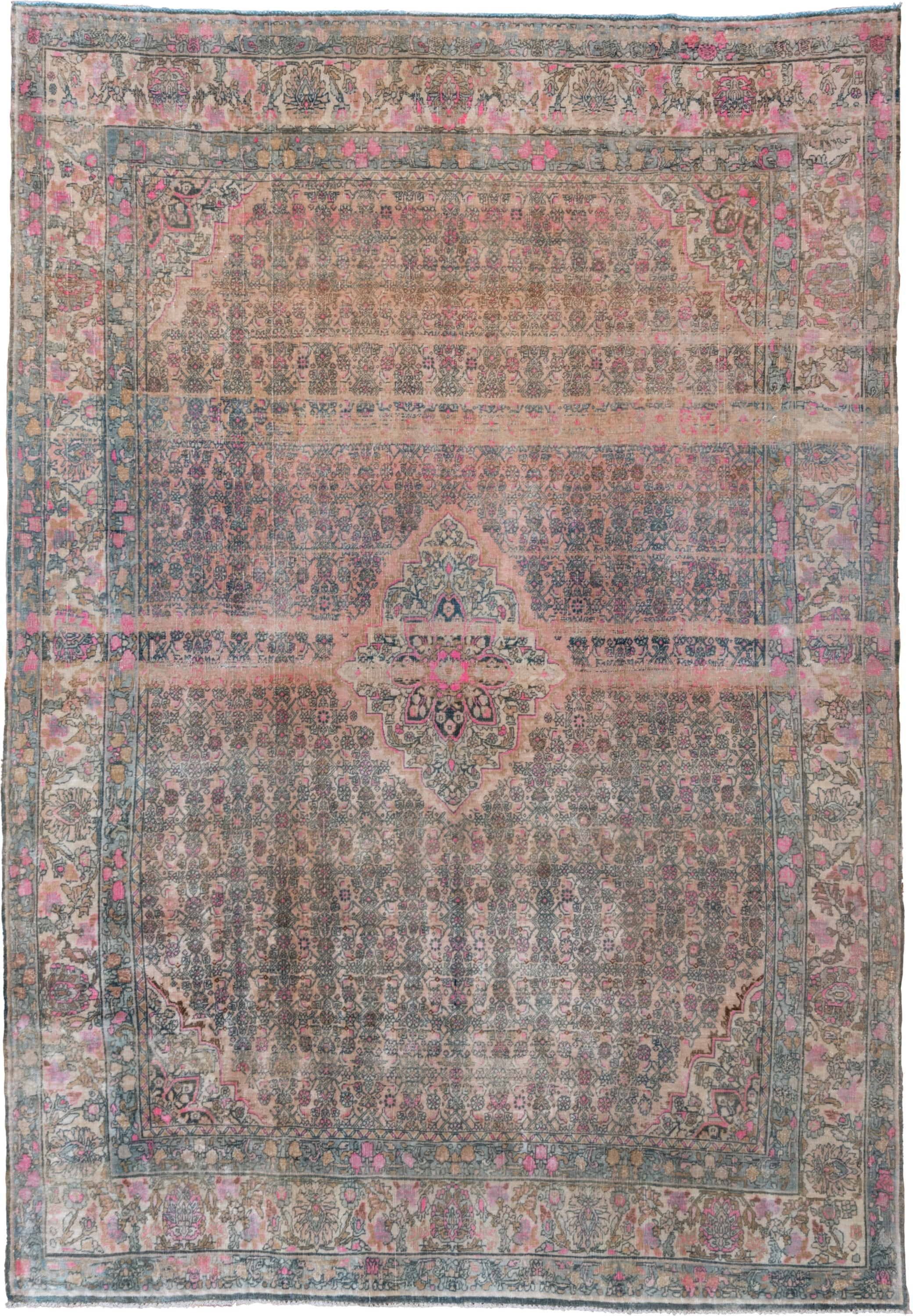 7' x 10' one-of-a-kind handmade vintage Bidjar large size rug. Color palette: taupe, slate, ivory, rose, charcoal, camel