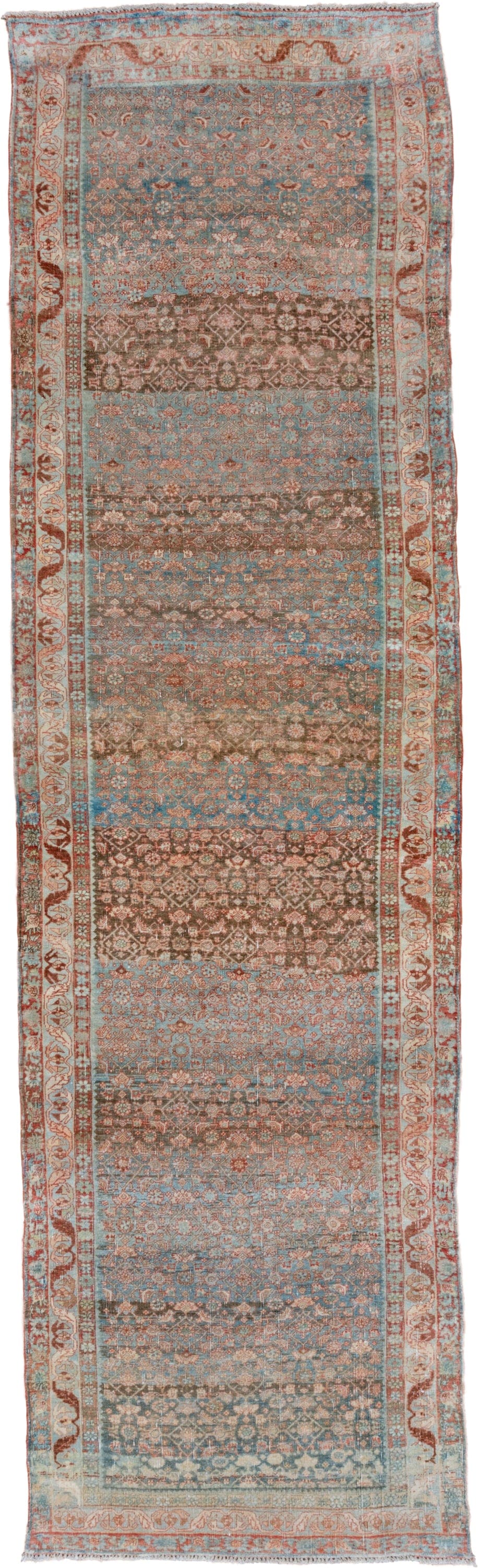 4' x 14' one-of-a-kind handmade vintage Bidjar runner rug. Color palette: sky blue, ivory, rust, taupe, brown, terracotta