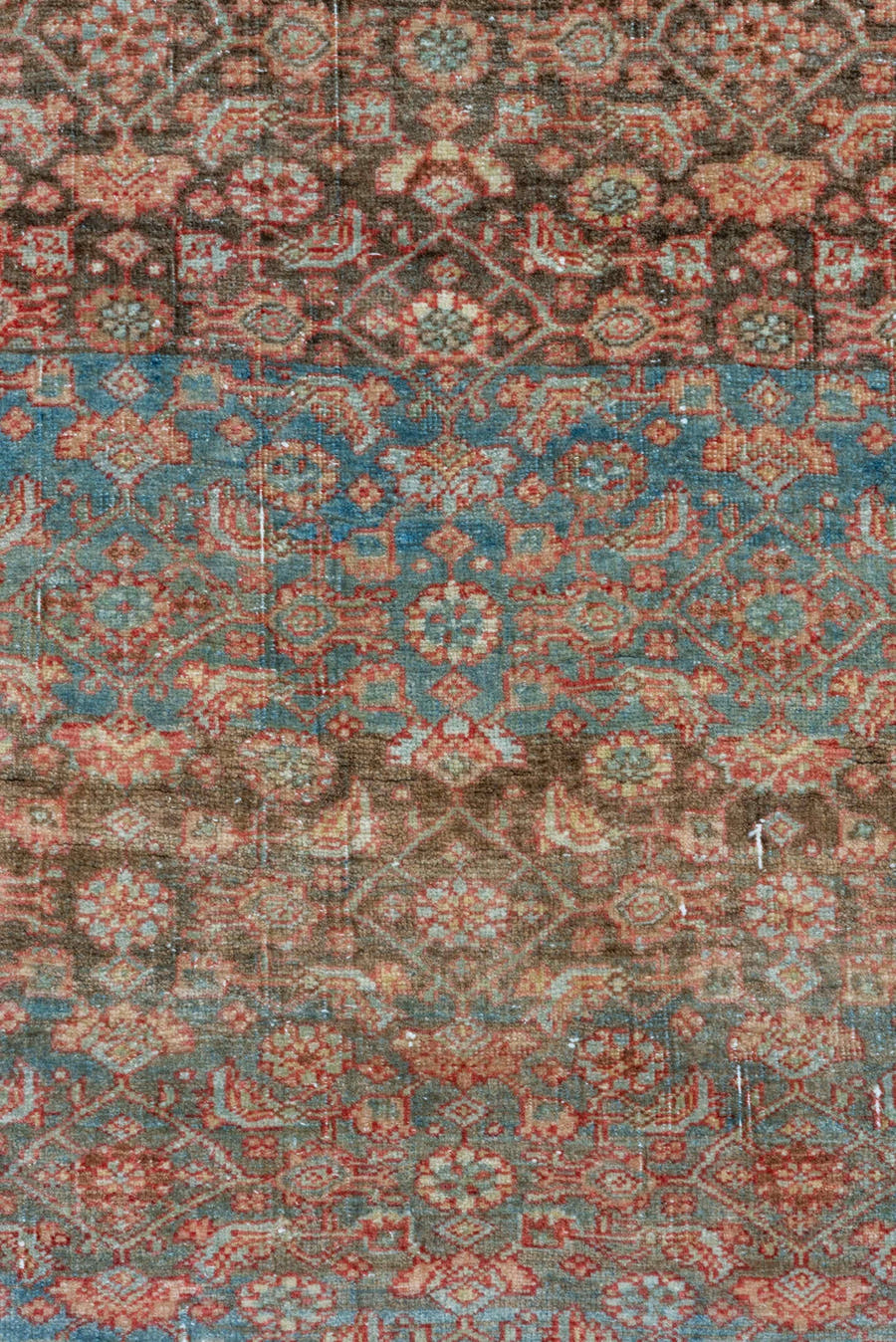 4' x 14' one-of-a-kind handmade vintage Bidjar runner rug. Color palette: sky blue, ivory, rust, taupe, brown, terracotta