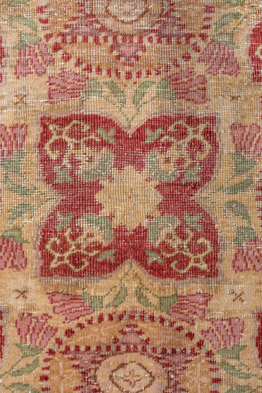 7' x 11' one-of-a-kind handmade vintage Oushak large size rug. Color palette: ivory, rose, sage, burgundy, blush, taupe