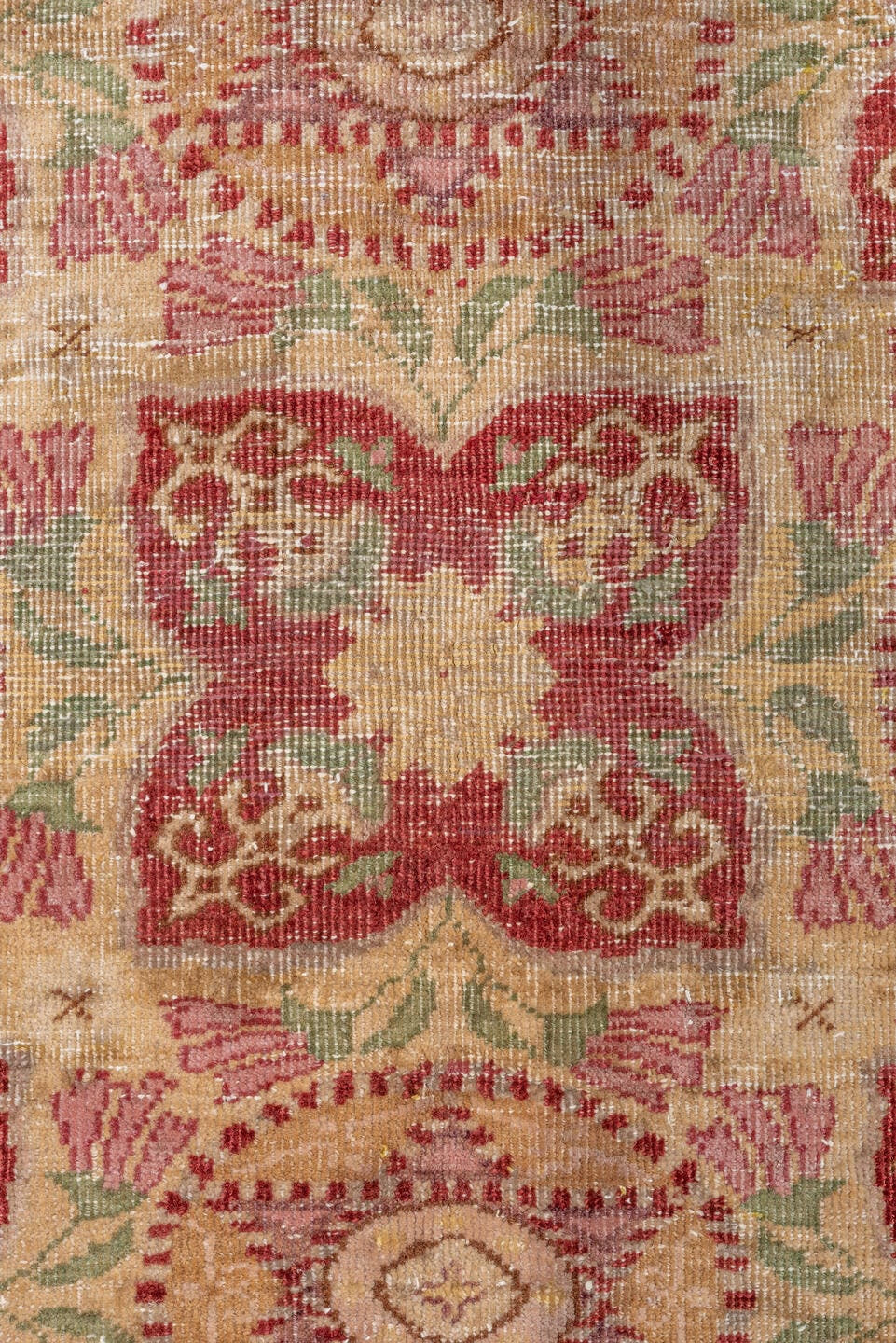 7' x 11' one-of-a-kind handmade vintage Oushak large size rug. Color palette: ivory, rose, sage, burgundy, blush, taupe