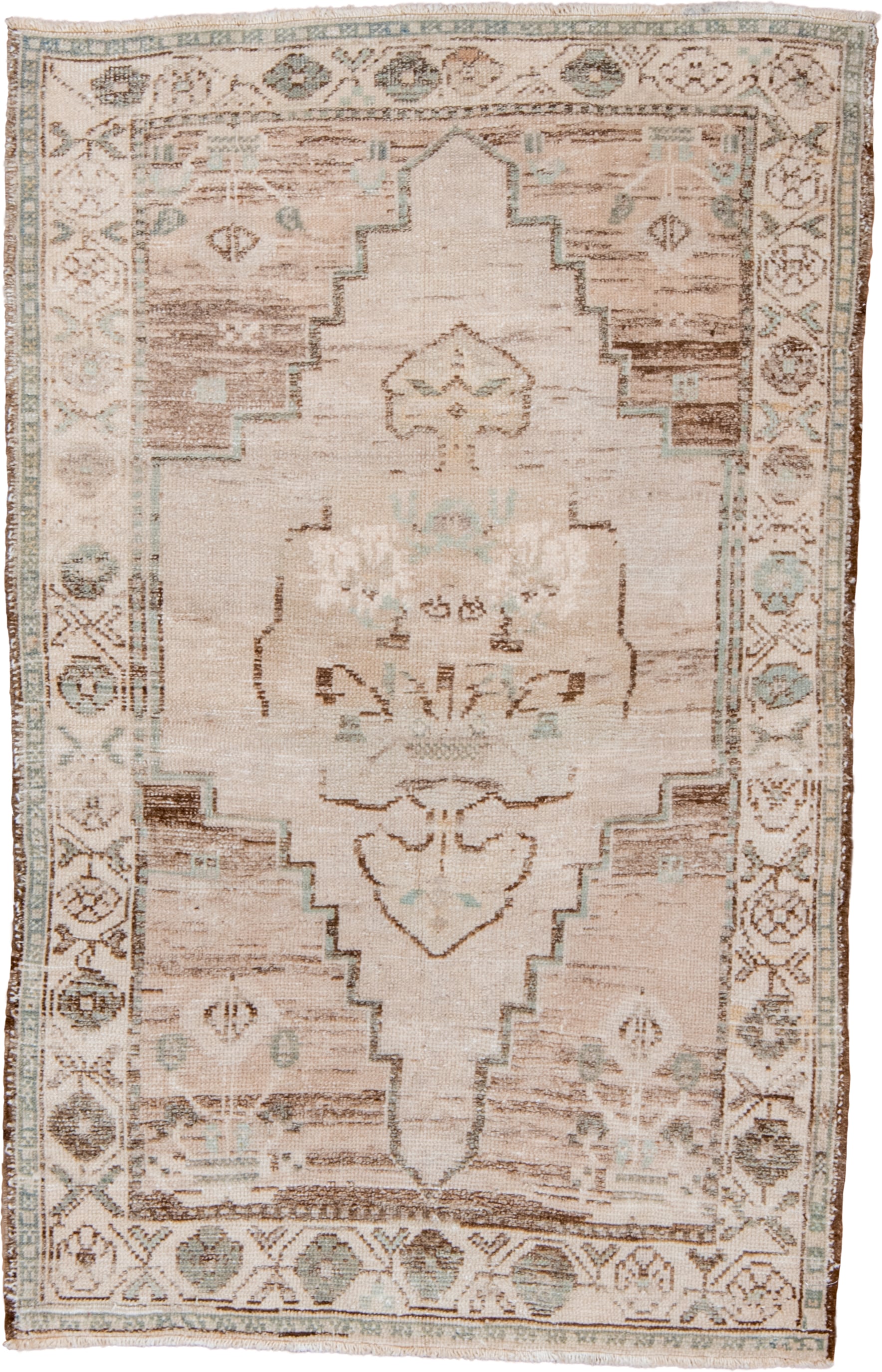 3' x 4' one-of-a-kind handmade vintage Oushak small size rug. Color palette: ivory, taupe, brown, pale aqua, beige, gray