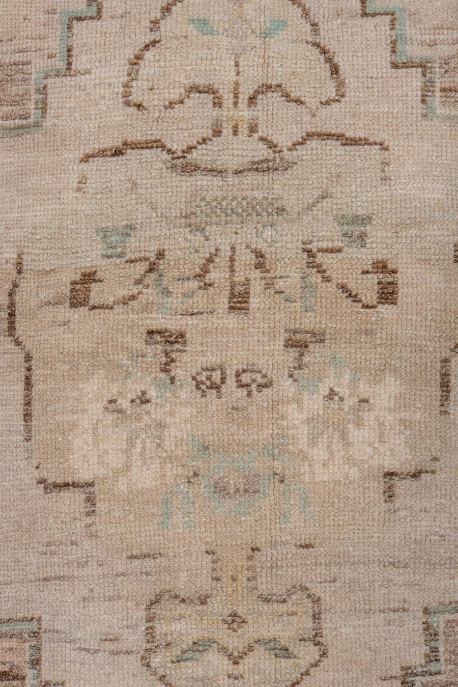 3' x 4' one-of-a-kind handmade vintage Oushak small size rug. Color palette: ivory, taupe, brown, pale aqua, beige, gray