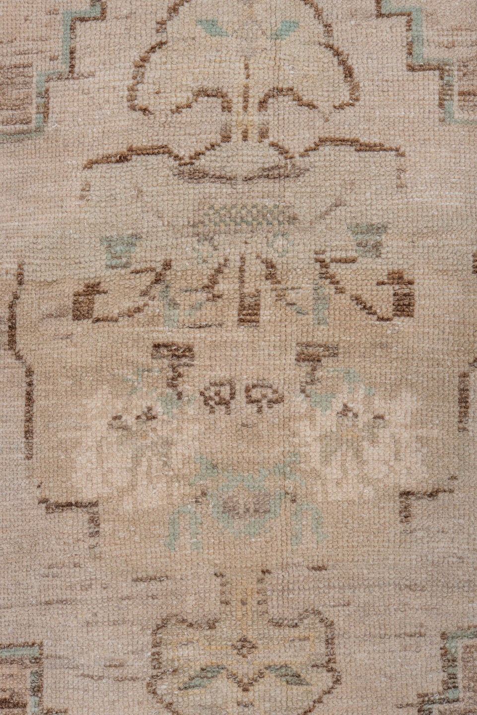 3' x 4' one-of-a-kind handmade vintage Oushak small size rug. Color palette: ivory, taupe, brown, pale aqua, beige, gray