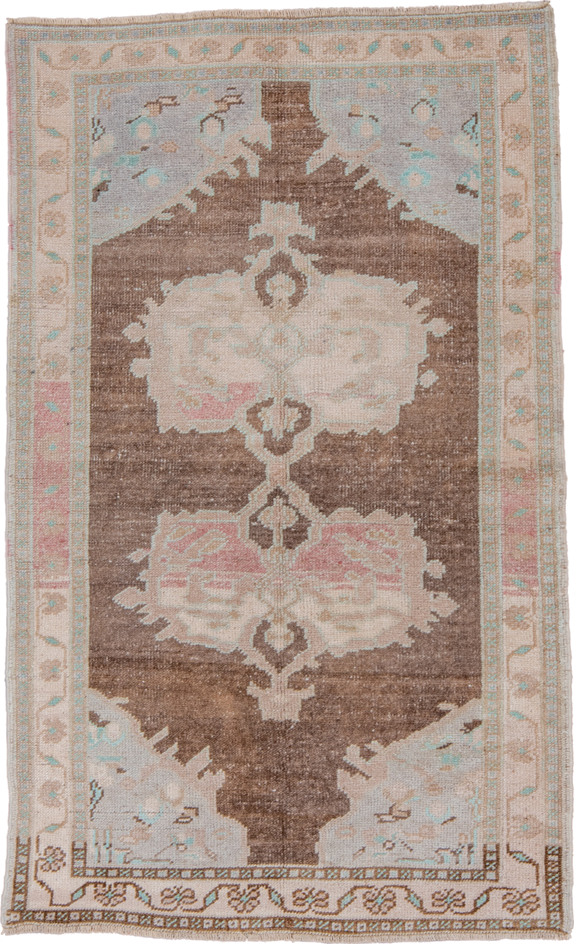 3' x 5' one-of-a-kind handmade vintage Oushak small size rug. Color palette: brown, dark gray, gray, light gray, off-white