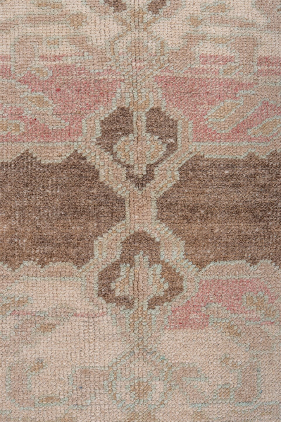 3' x 5' one-of-a-kind handmade vintage Oushak small size rug. Color palette: brown, ivory, taupe, blush, pale aqua, cream
