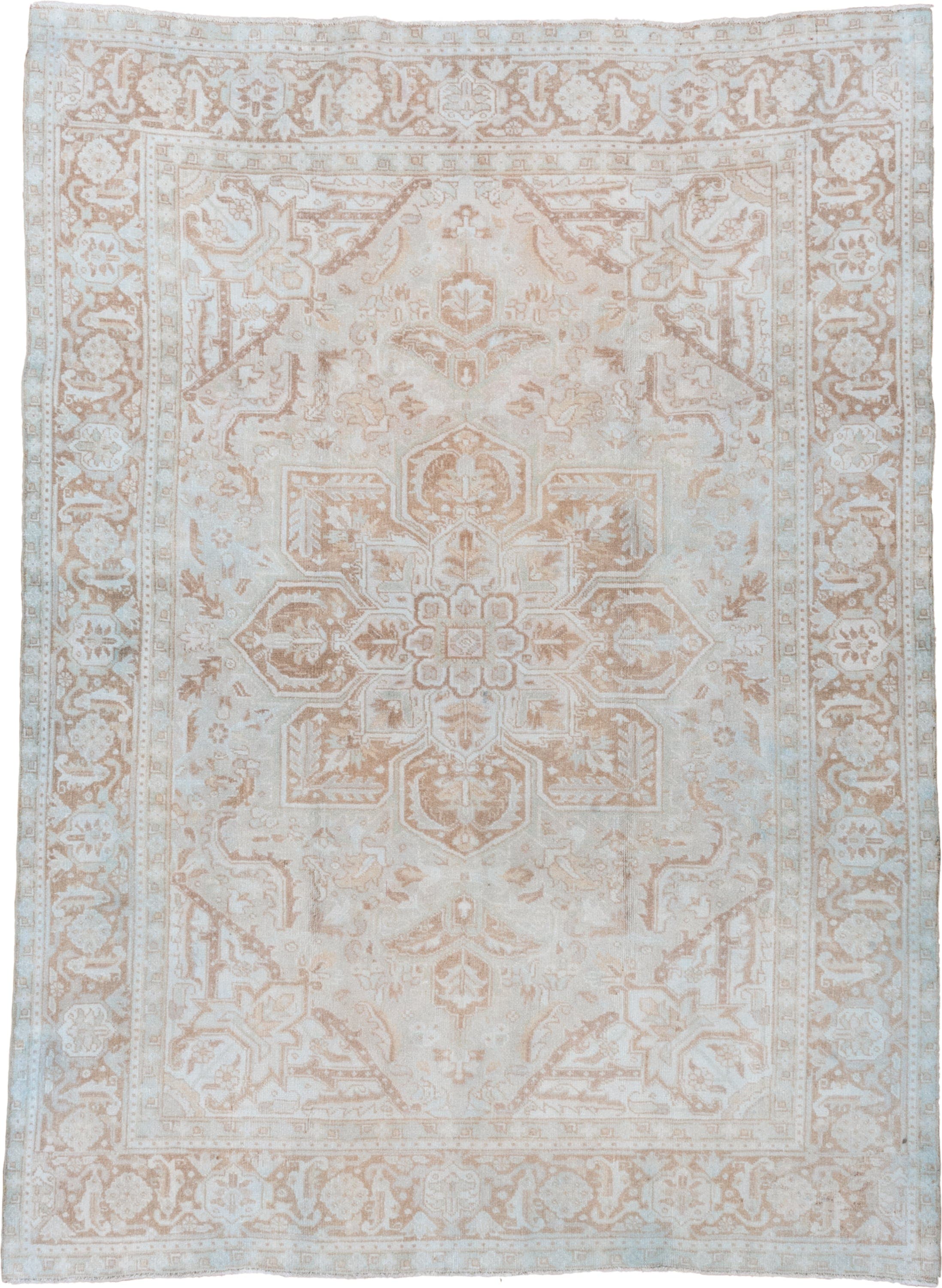 7' x 9' one-of-a-kind handmade vintage Heriz rug. Color palette: ivory, beige, taupe, camel, pale blue, gray, light blue