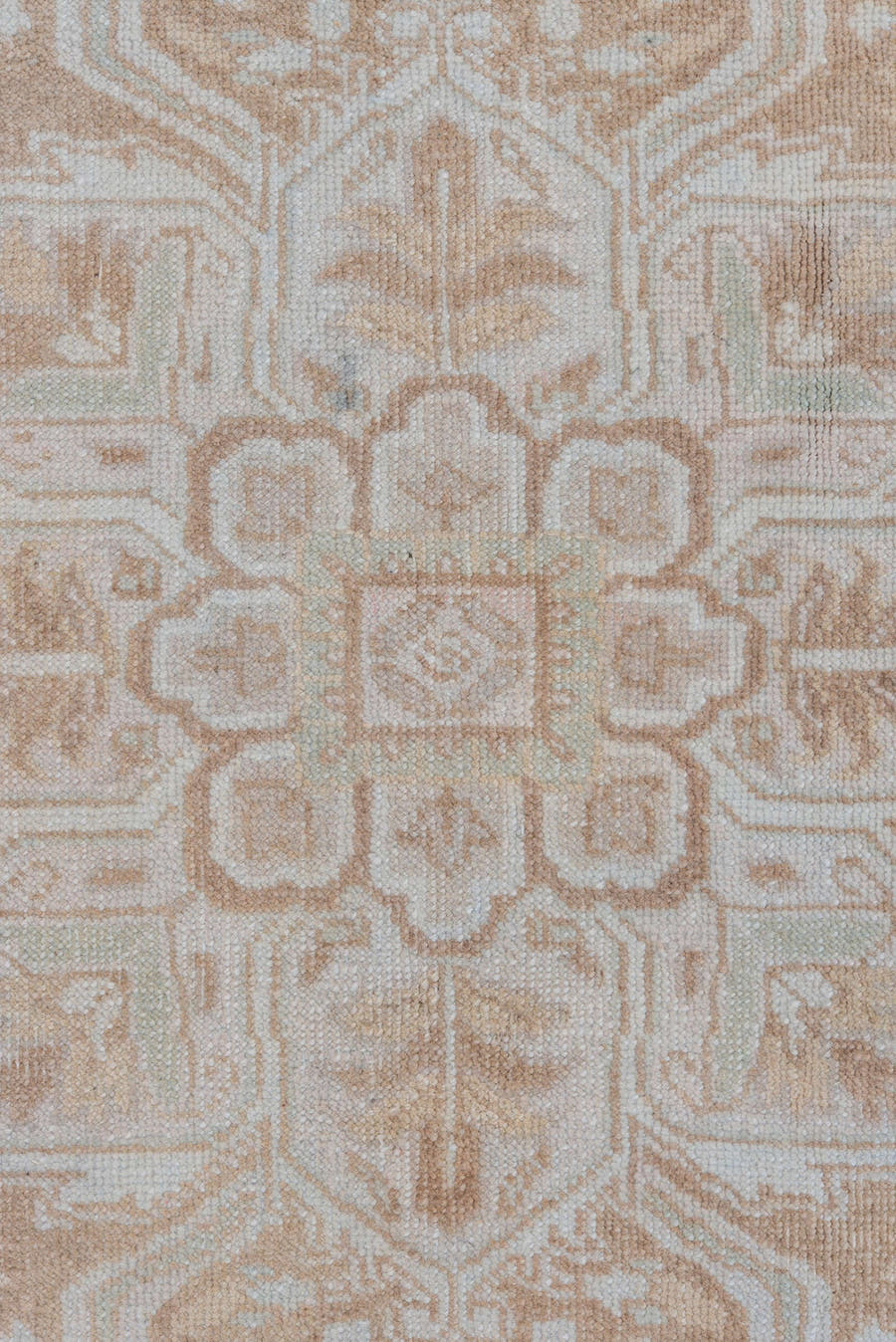 7' x 9' one-of-a-kind handmade vintage Heriz rug. Color palette: ivory, beige, taupe, camel, pale blue, gray, light blue