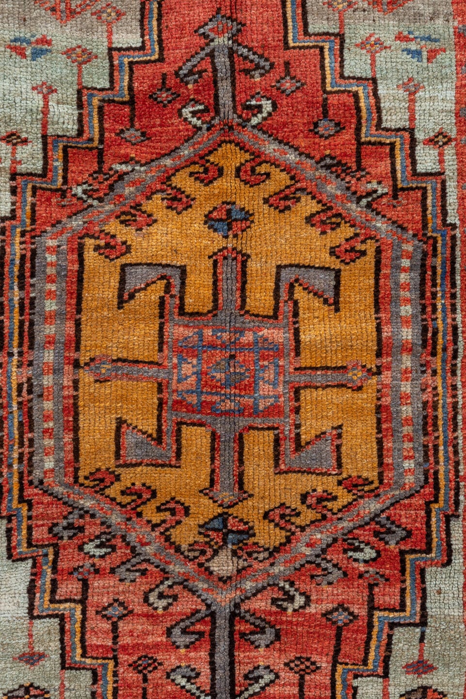 3' x 5' one-of-a-kind handmade vintage Oushak small size rug. Color palette: coral, terracotta, ivory, slate, brown, gold