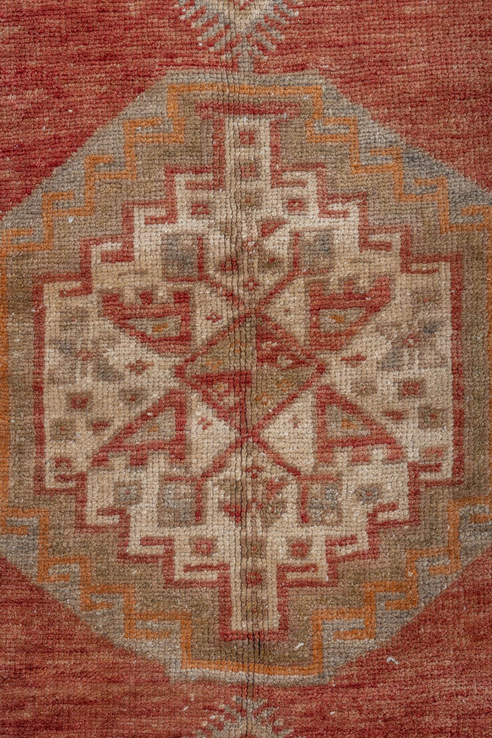 3' x 5' one-of-a-kind handmade vintage Kars small size rug. Color palette: ivory, coral, taupe, rust, saffron, rose