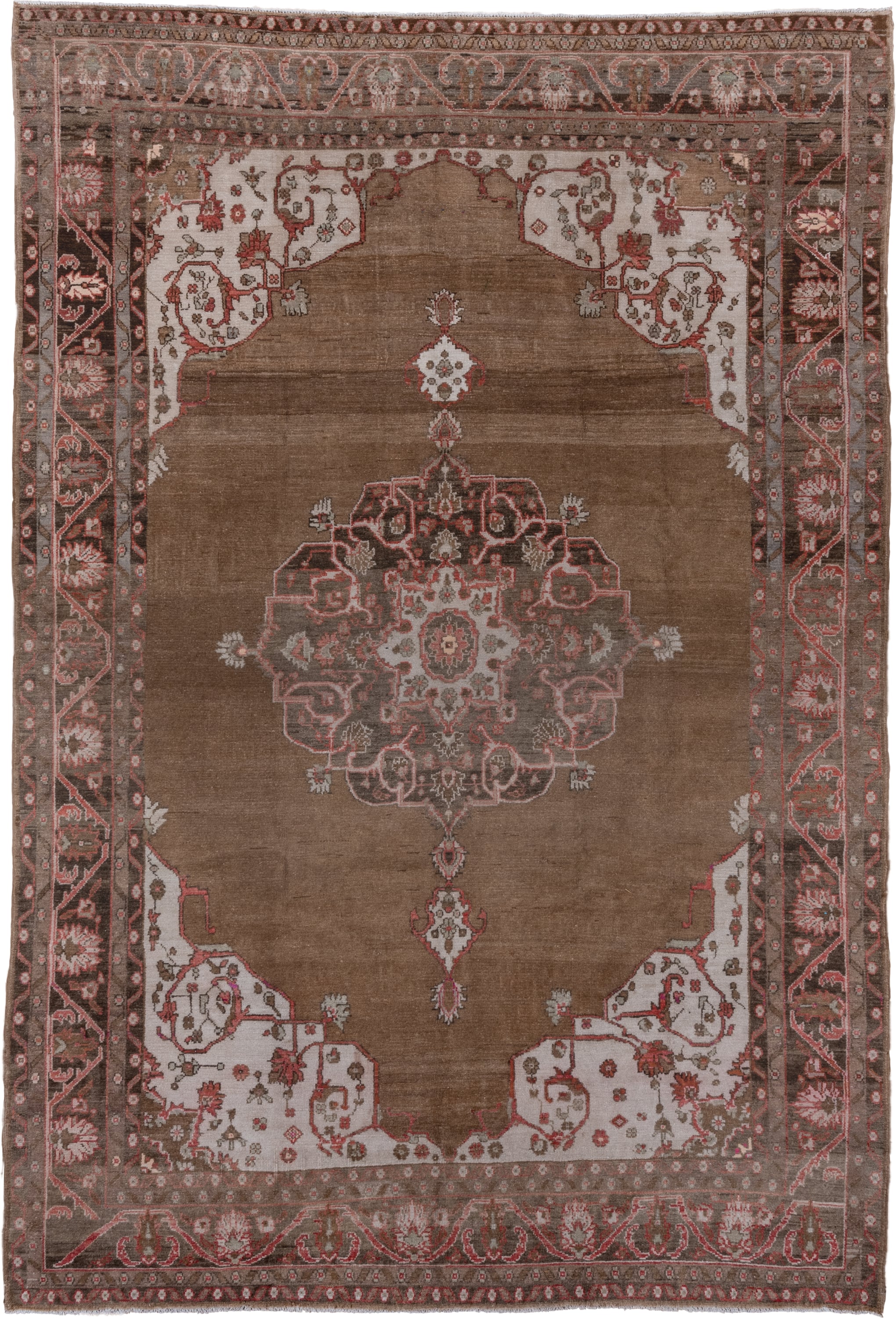 8' x 12' one-of-a-kind handmade vintage Oushak large size rug. Color palette: brown, ivory, rose, taupe, rust, charcoal