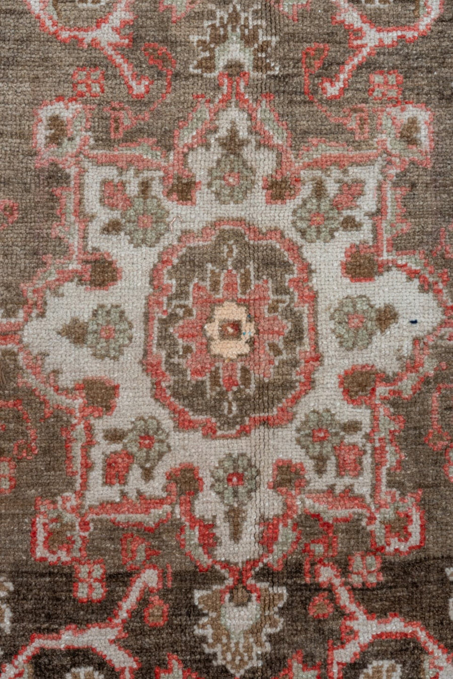 8' x 12' one-of-a-kind handmade vintage Oushak large size rug. Color palette: brown, ivory, rose, taupe, rust, charcoal