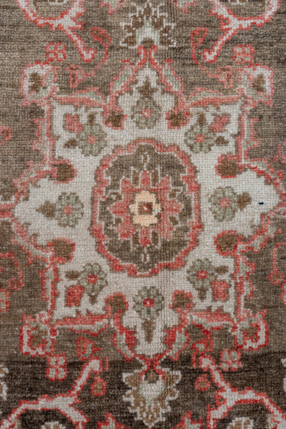 8' x 12' one-of-a-kind handmade vintage Oushak large size rug. Color palette: brown, ivory, rose, taupe, rust, charcoal