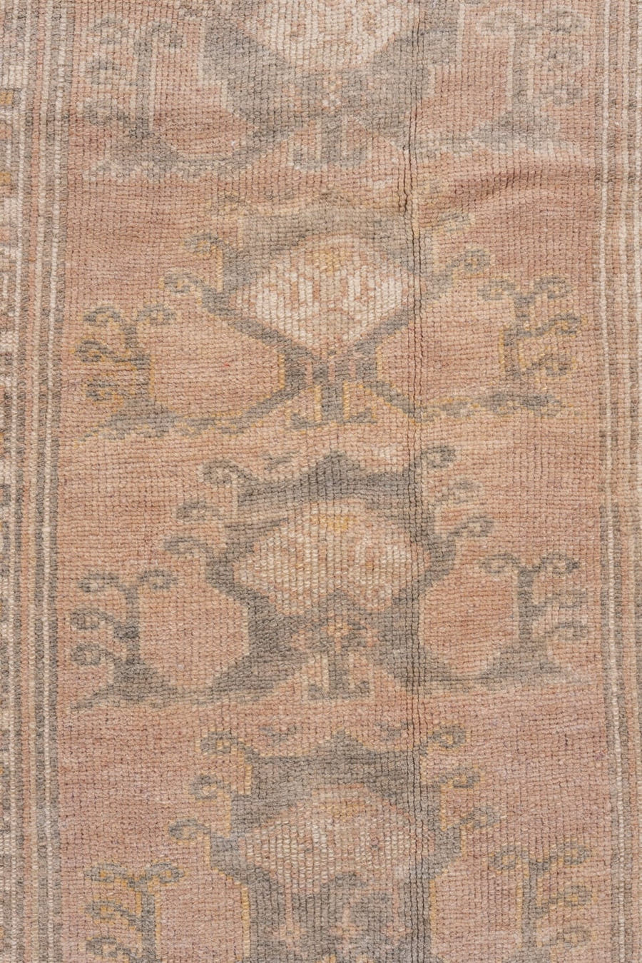 3' x 5' one-of-a-kind handmade vintage Oushak small size rug. Color palette: blush, ivory, taupe, gold, sage, gray_blue