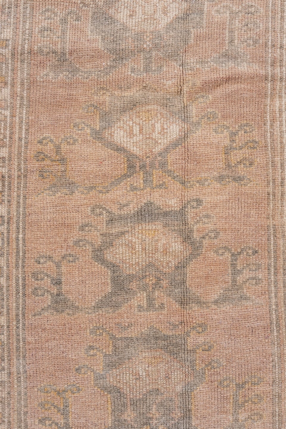 3' x 5' one-of-a-kind handmade vintage Oushak small size rug. Color palette: blush, ivory, taupe, gold, sage, gray_blue