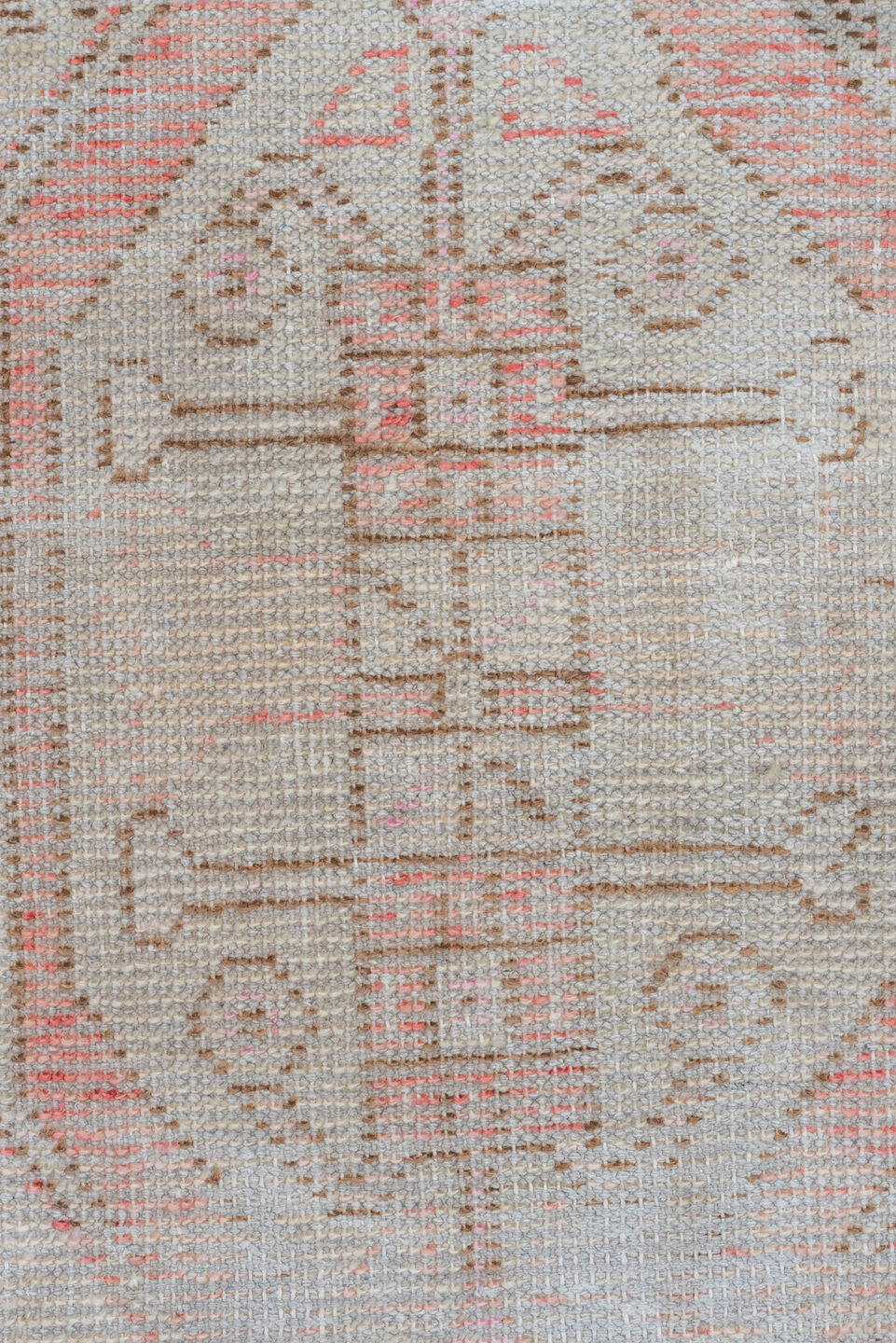2' x 3' one-of-a-kind handmade vintage Oushak small size rug. Color palette: ivory, blush, taupe, sand, pale coral, pink