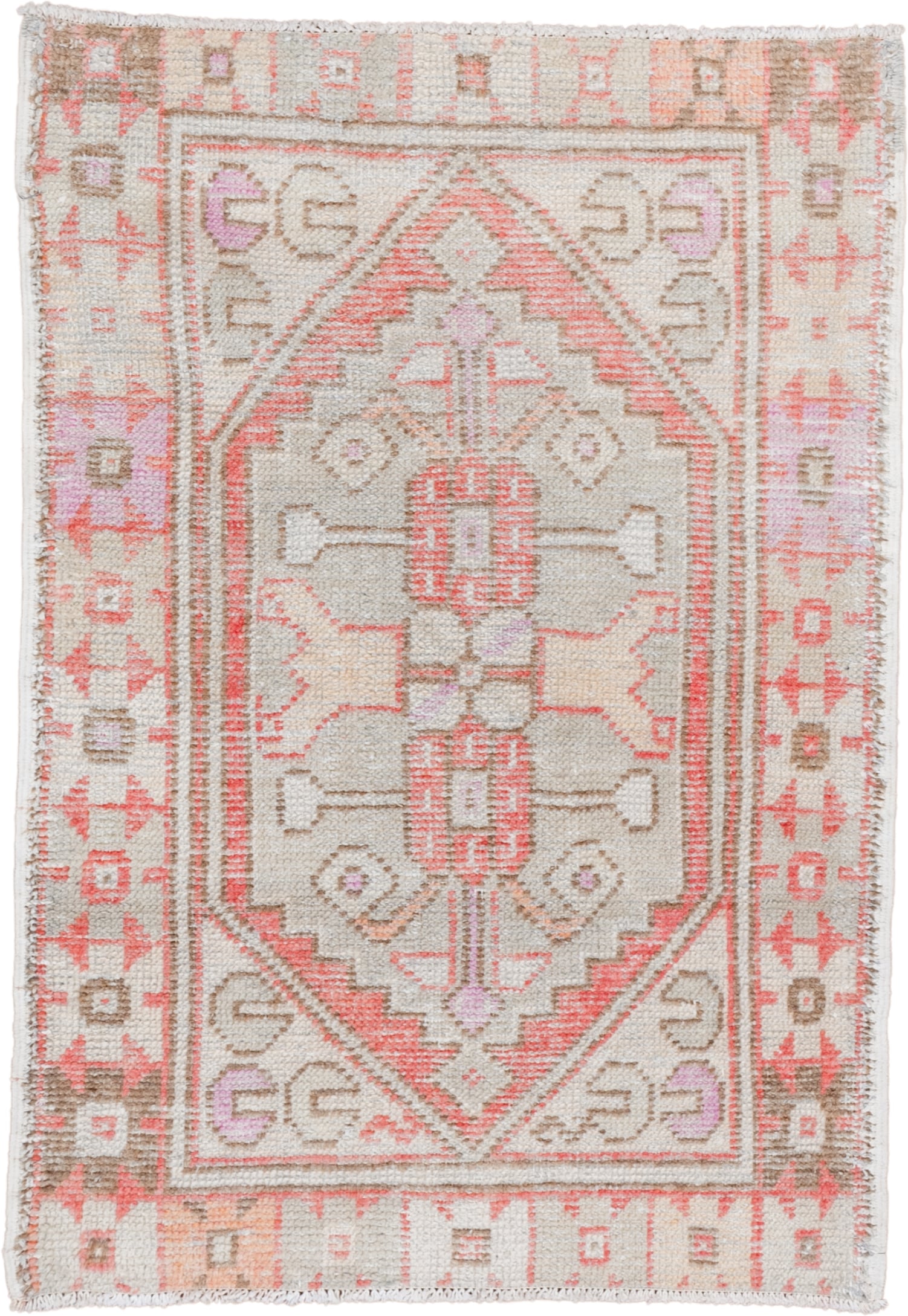2' x 3' one-of-a-kind handmade vintage Oushak small size rug. Color palette: ivory, coral, taupe, beige, pale lavender