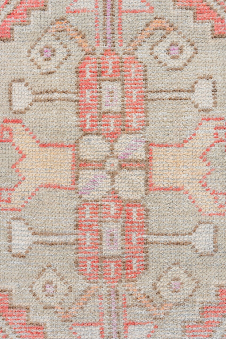 2' x 3' one-of-a-kind handmade vintage Oushak small size rug. Color palette: ivory, coral, taupe, beige, pale lavender