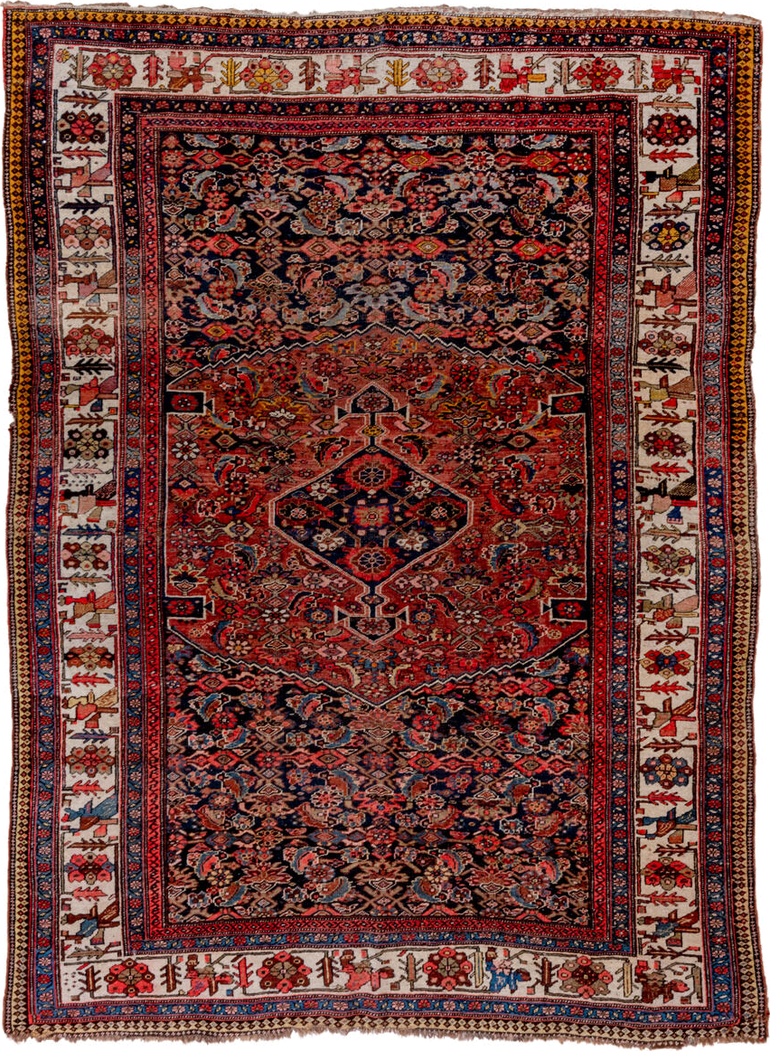 6' x 9' one-of-a-kind handmade vintage Bidjar medium size rug. Color palette: navy, rust, ivory, red, coral, blue, gold