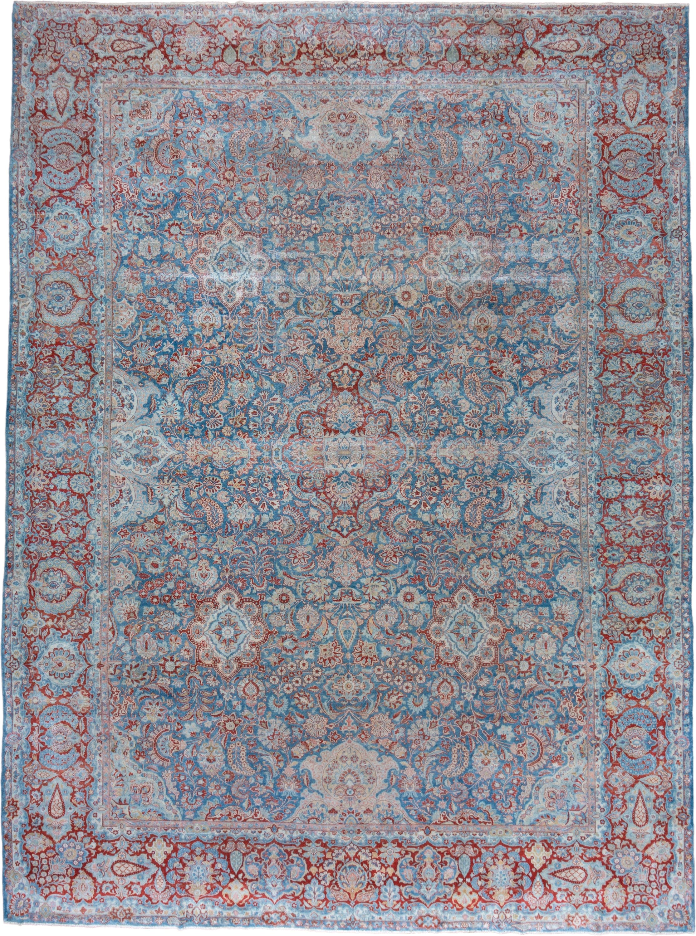 11' x 16' one-of-a-kind handmade vintage Kashan oversize rug. Color palette: sky blue, ivory, rust, powder blue, terracotta