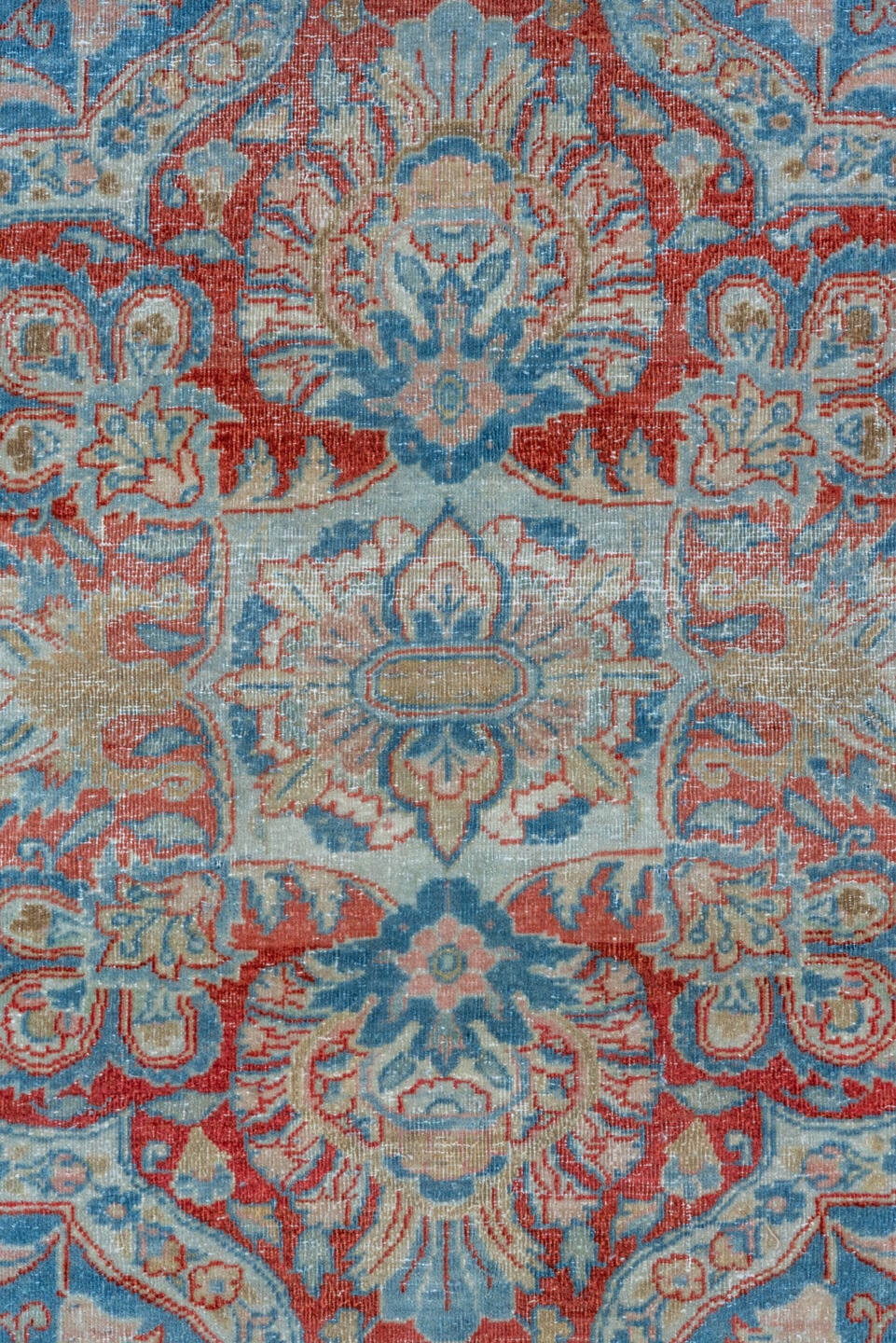 11' x 16' one-of-a-kind handmade vintage Kashan oversize rug. Color palette: sky blue, ivory, rust, powder blue, terracotta