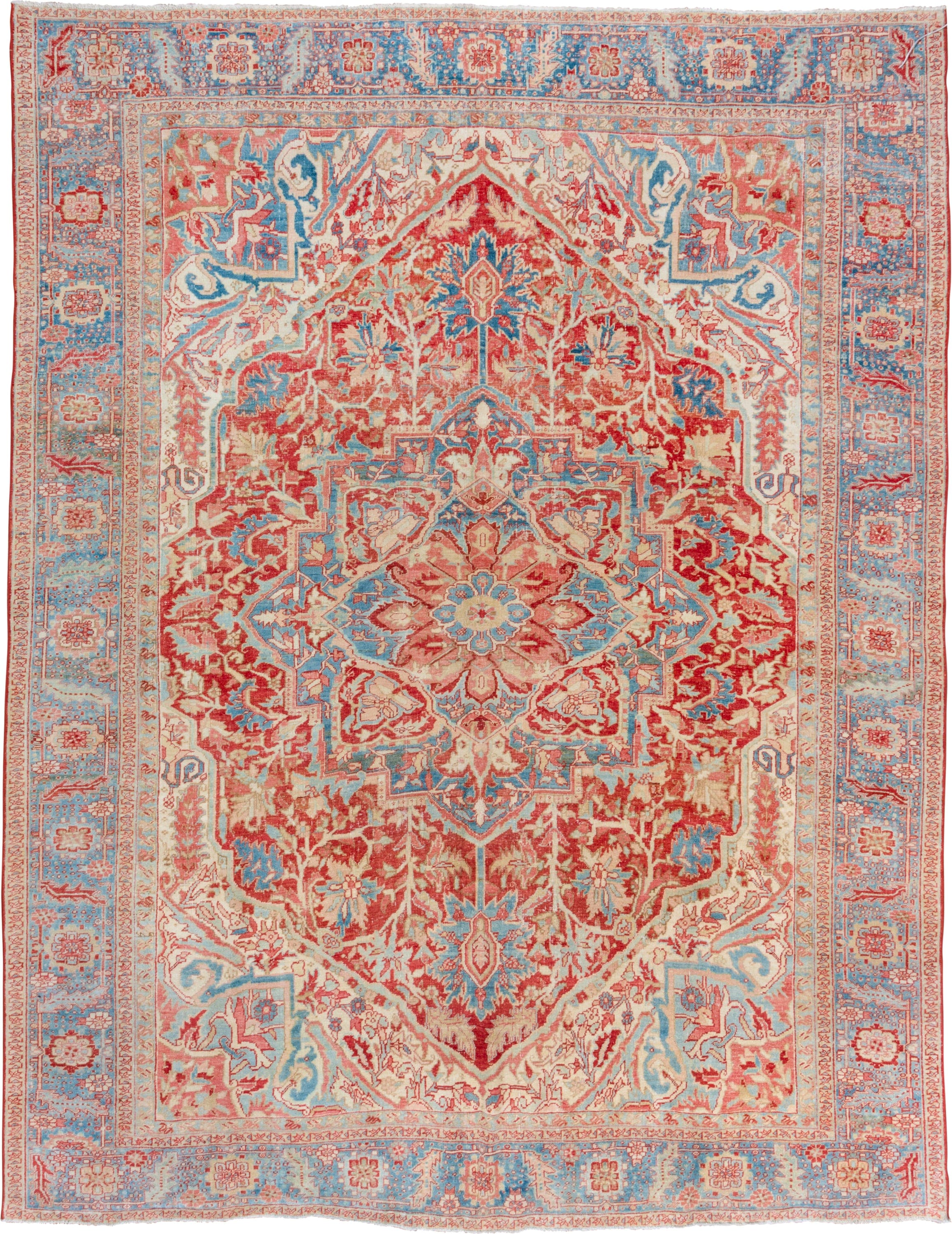 10' x 13' one-of-a-kind handmade vintage Heriz large size rug. Color palette: ivory, sky blue, coral, red, powder blue