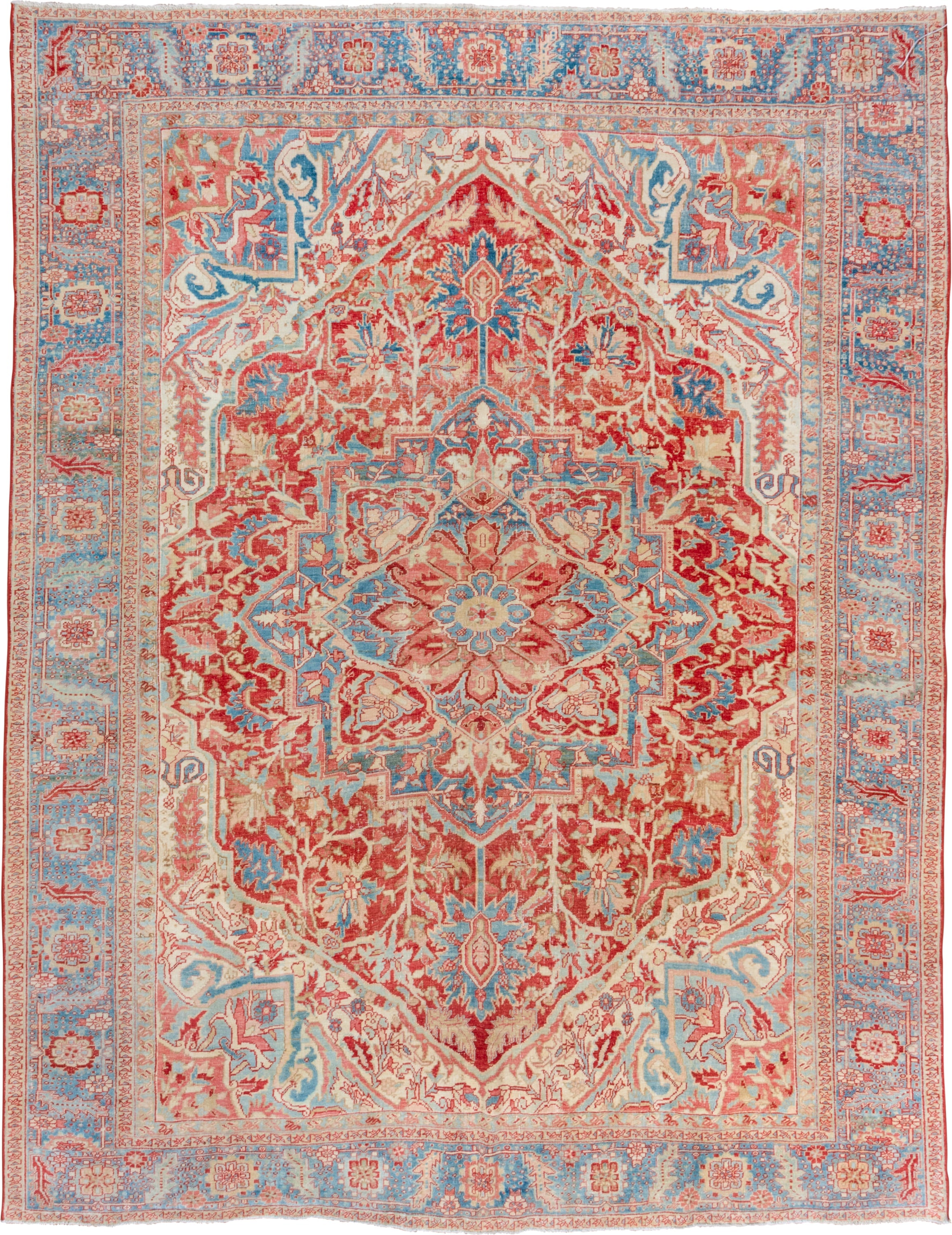 10' x 13' one-of-a-kind handmade vintage Heriz large size rug. Color palette: ivory, sky blue, coral, red, powder blue