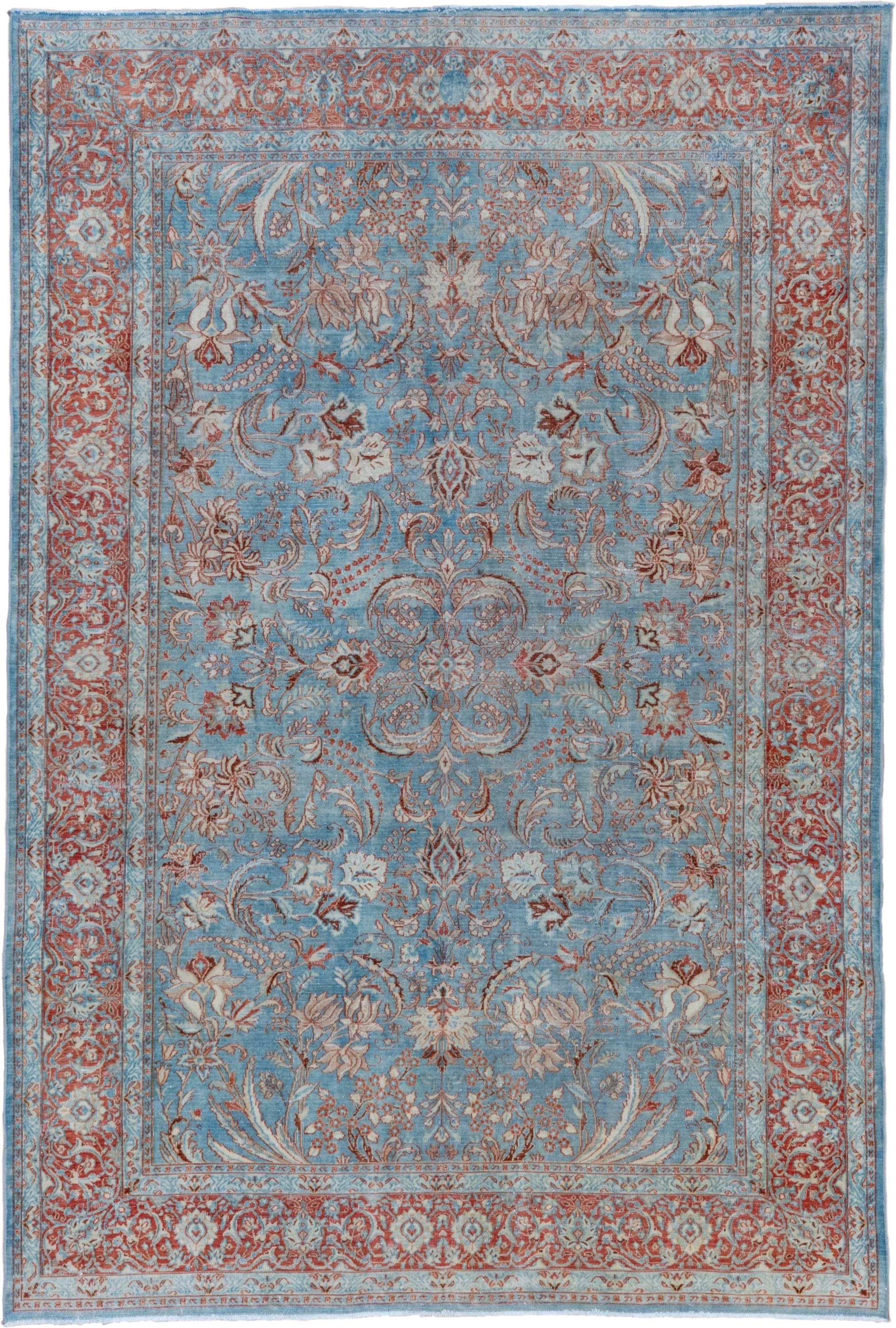 6' x 9' one-of-a-kind handmade vintage Tabriz medium size rug. Color palette: sky blue, rust, ivory, rose, taupe, light blue