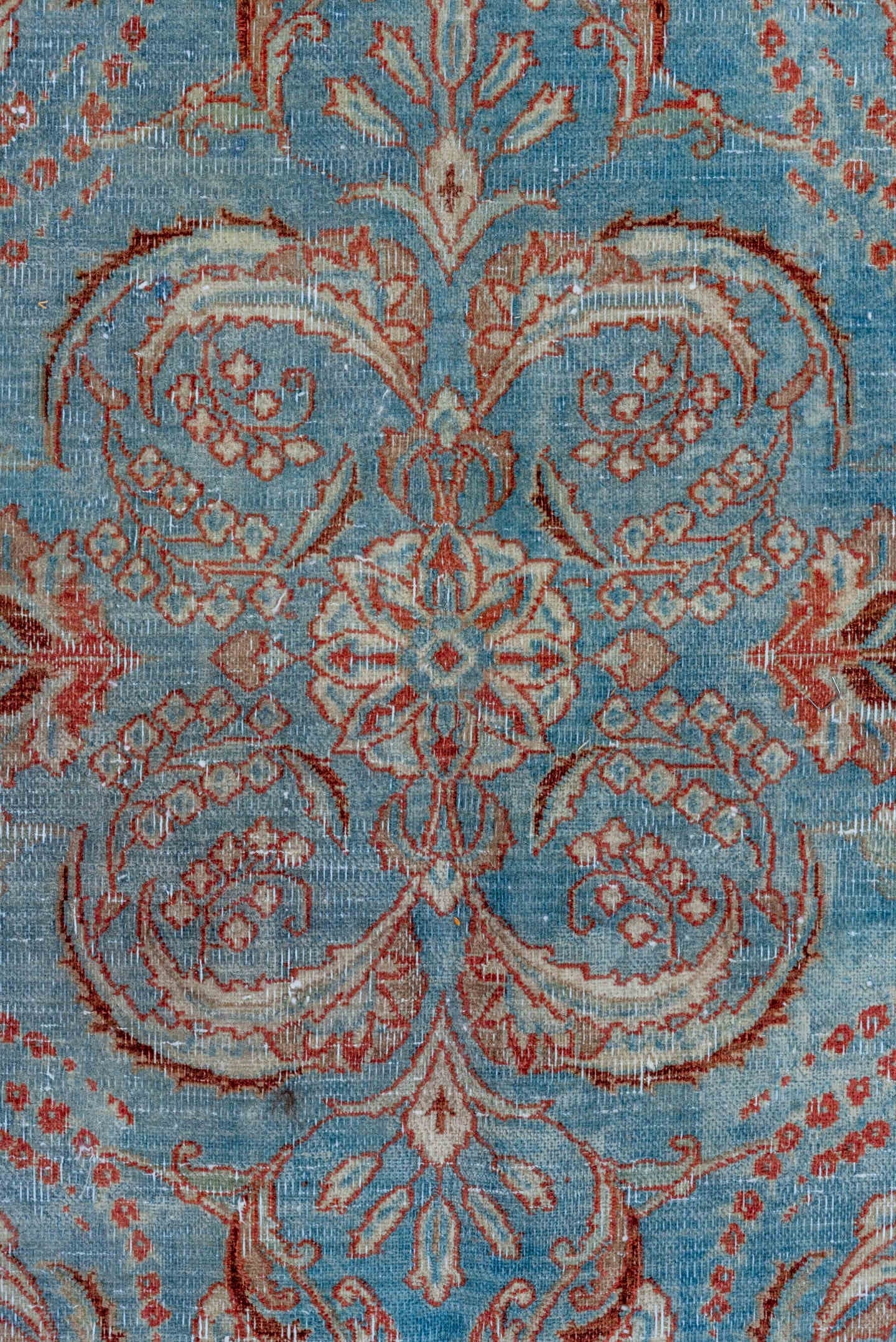 6' x 9' one-of-a-kind handmade vintage Tabriz medium size rug. Color palette: sky blue, rust, ivory, rose, taupe, light blue