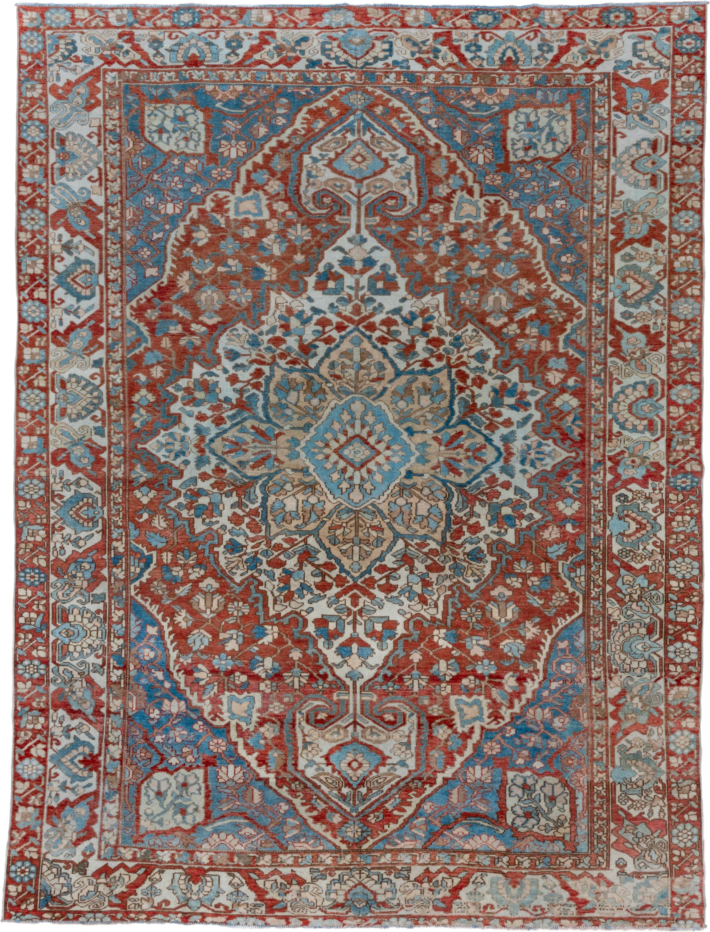 8' x 11' one-of-a-kind handmade vintage Baktiary large size rug. Color palette: rust, ivory, sky blue, taupe, brick, camel