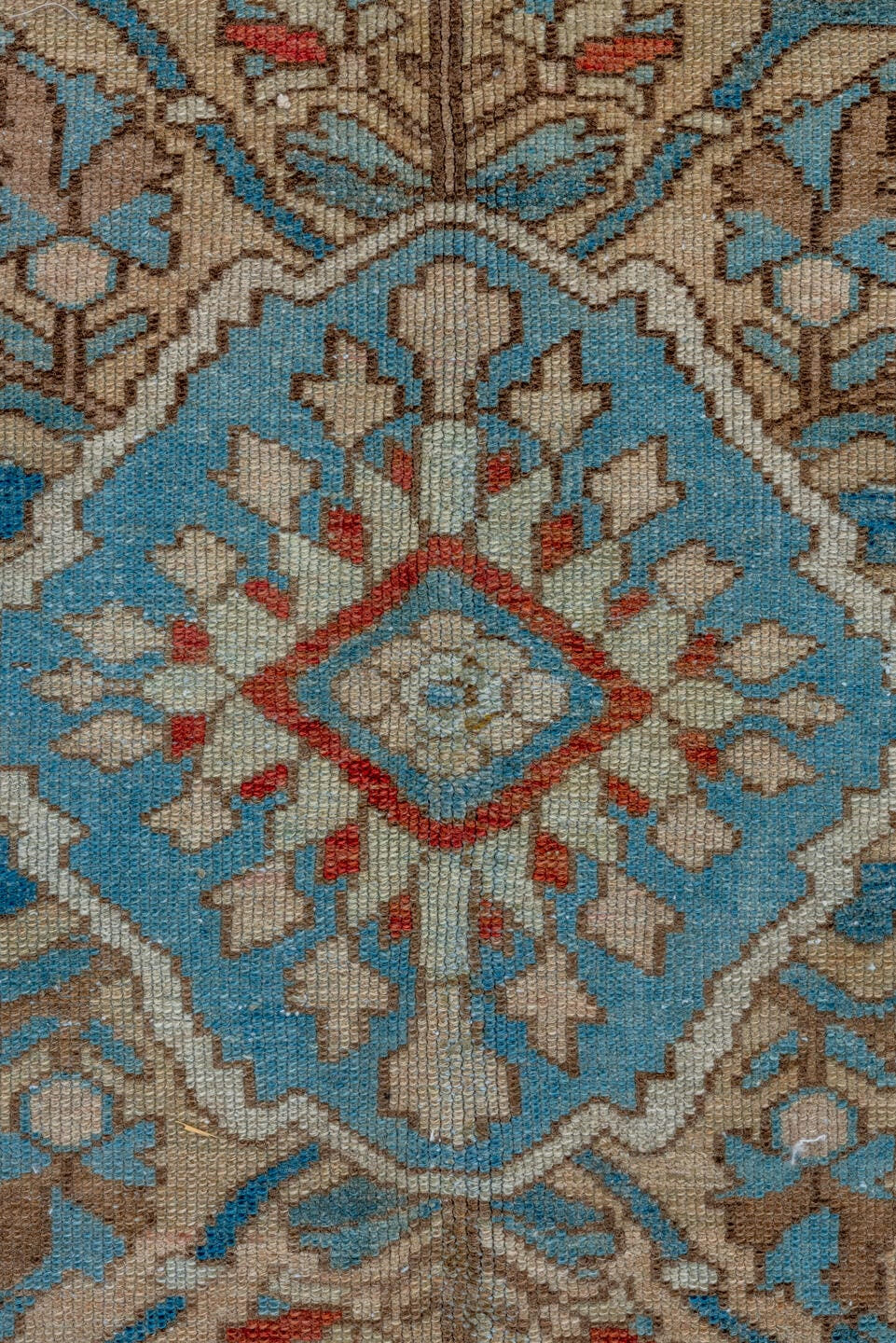 8' x 11' one-of-a-kind handmade vintage Baktiary large size rug. Color palette: rust, ivory, sky blue, taupe, brick, camel