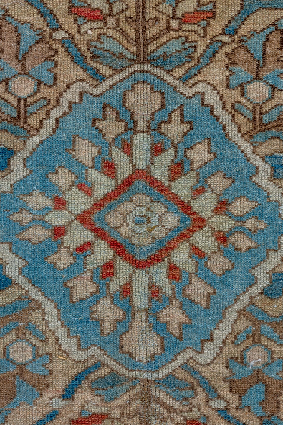 8' x 11' one-of-a-kind handmade vintage Baktiary large size rug. Color palette: rust, ivory, sky blue, taupe, brick, camel