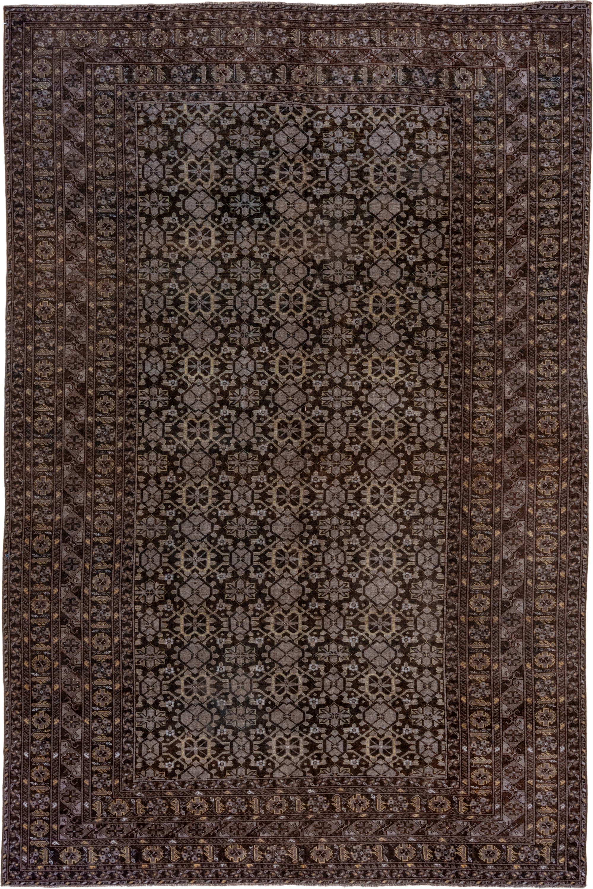 9' x 14' one-of-a-kind handmade vintage Afghan large size rug. Color palette: brown, taupe, ivory, charcoal, camel, beige