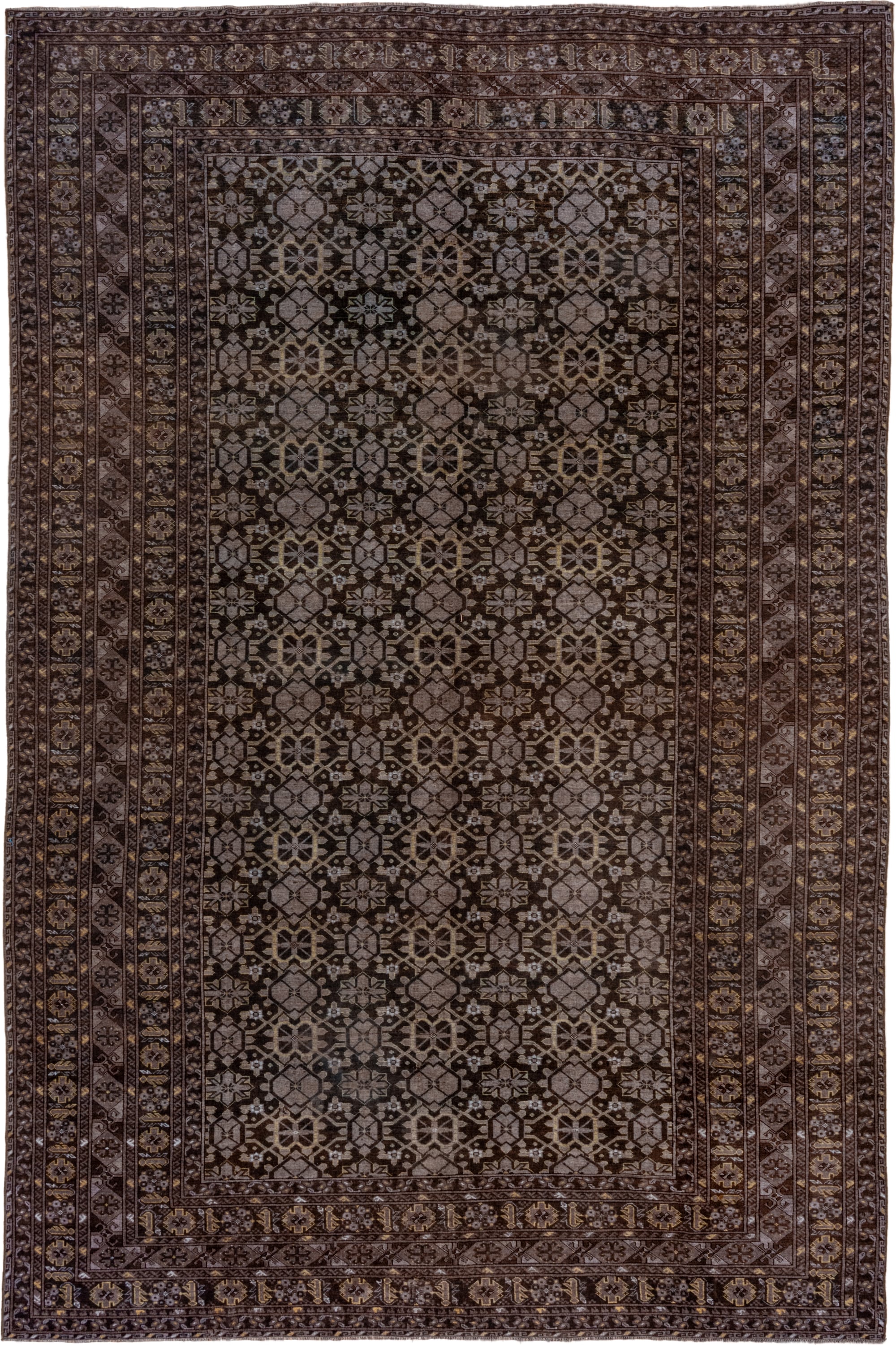 9' x 14' one-of-a-kind handmade vintage Afghan large size rug. Color palette: brown, taupe, ivory, charcoal, camel, beige