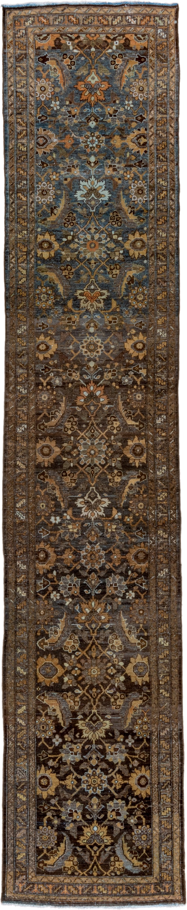 3' x 16' one-of-a-kind handmade vintage Malayer runner rug. Color palette: brown, slate, camel, ivory, gold, taupe, charcoal
