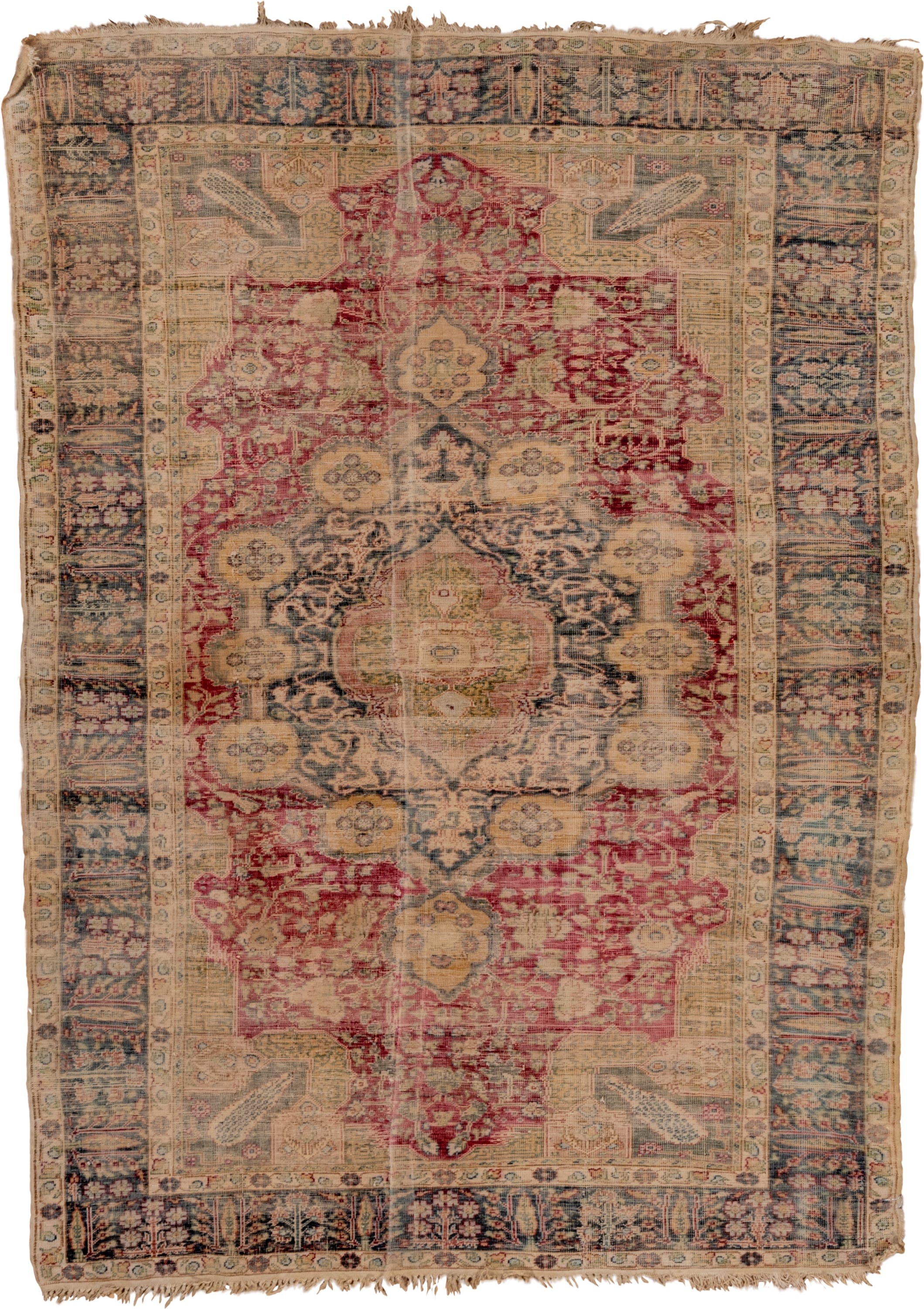 4' x 5' one-of-a-kind handmade vintage Melas small size rug. Color palette: rose, ivory, blue, beige, charcoal, taupe
