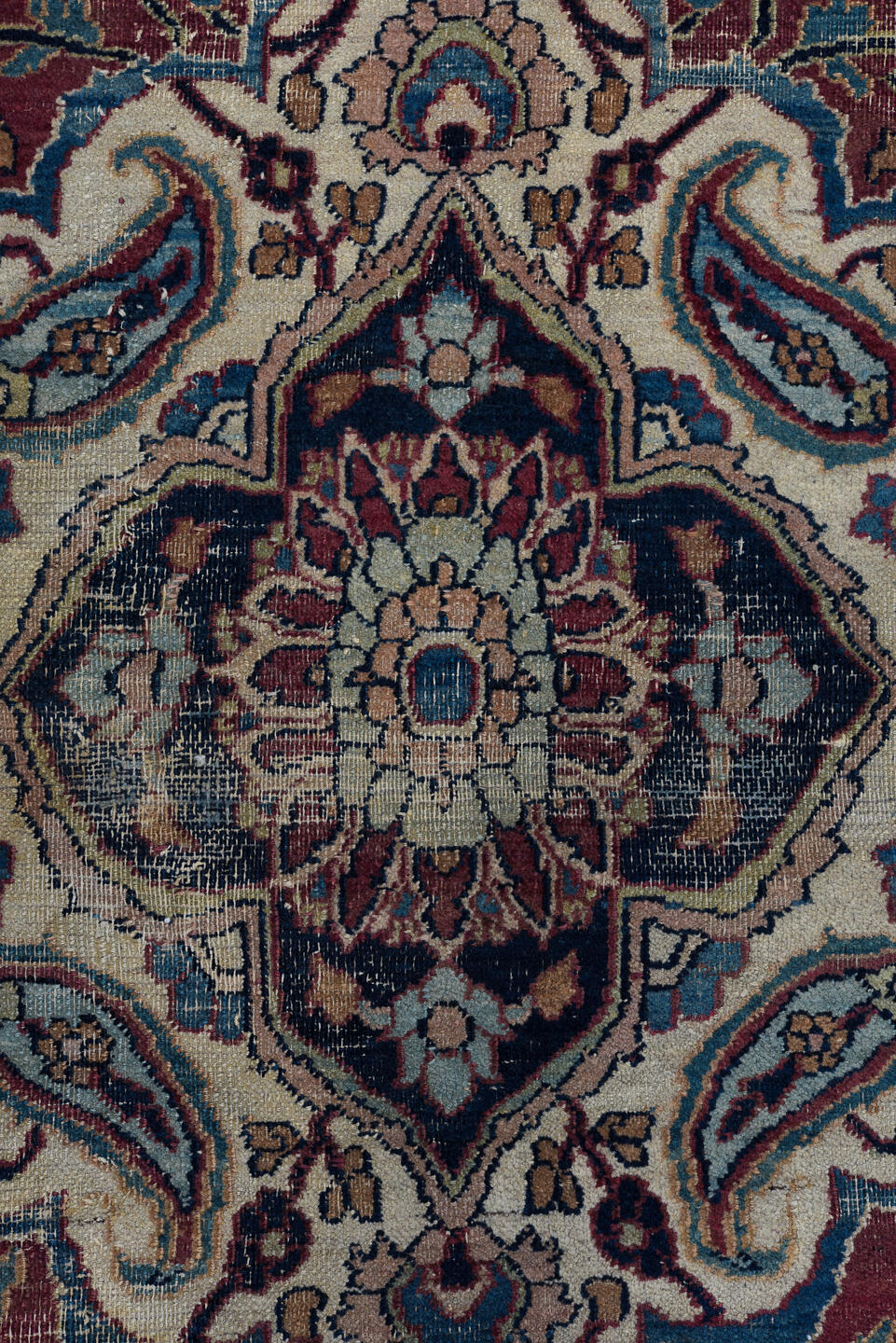 9' x 13' one-of-a-kind handmade vintage Meshed large size rug. Color palette: ivory, navy, rust, sky blue, slate, burgundy