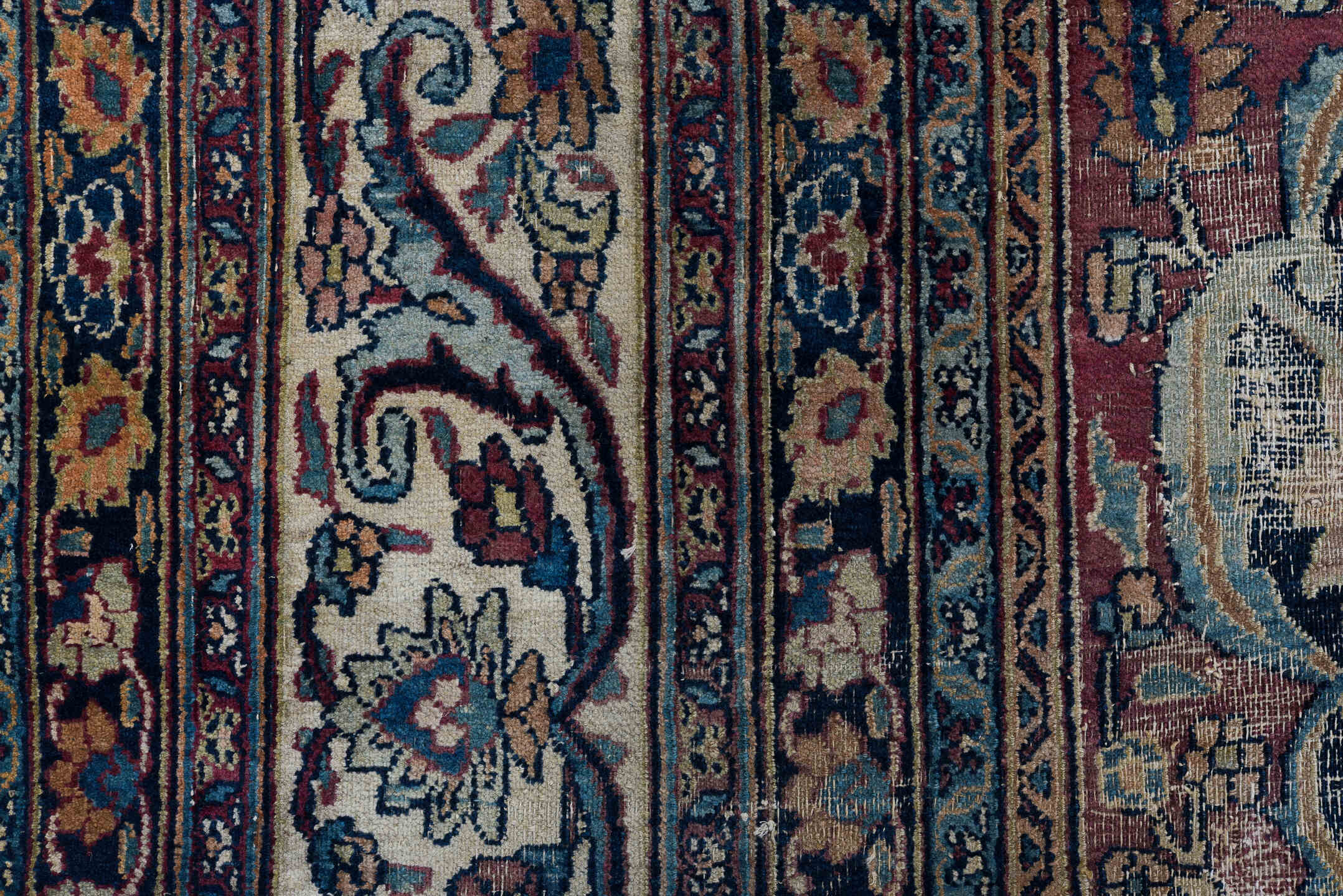 9' x 13' one-of-a-kind handmade vintage Meshed large size rug. Color palette: ivory, navy, rust, sky blue, slate, burgundy