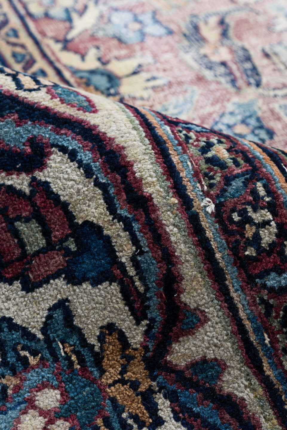 9' x 13' one-of-a-kind handmade vintage Meshed large size rug. Color palette: ivory, navy, rust, sky blue, slate, burgundy