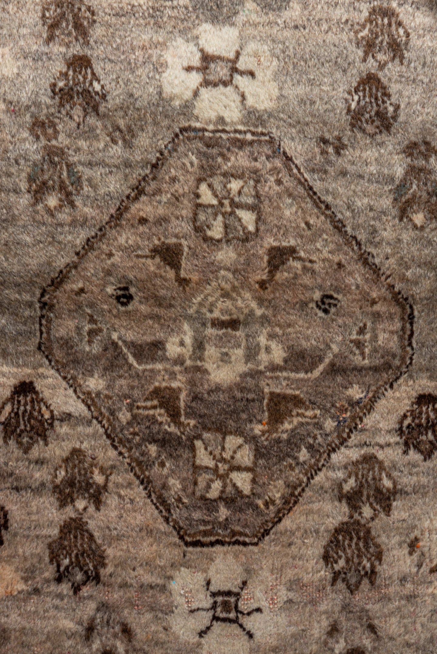 3' x 5' one-of-a-kind handmade vintage Gabbe small size rug. Color palette: ivory, taupe, brown, charcoal, camel, beige
