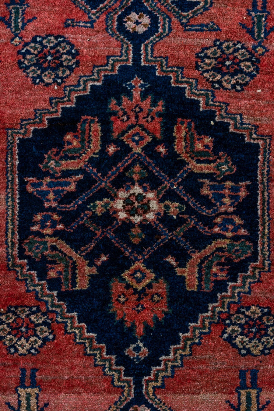 3' x 7' one-of-a-kind handmade vintage Malayer rug. Color palette: navy, rose, rust, ivory, coral, teal, charcoal, blue