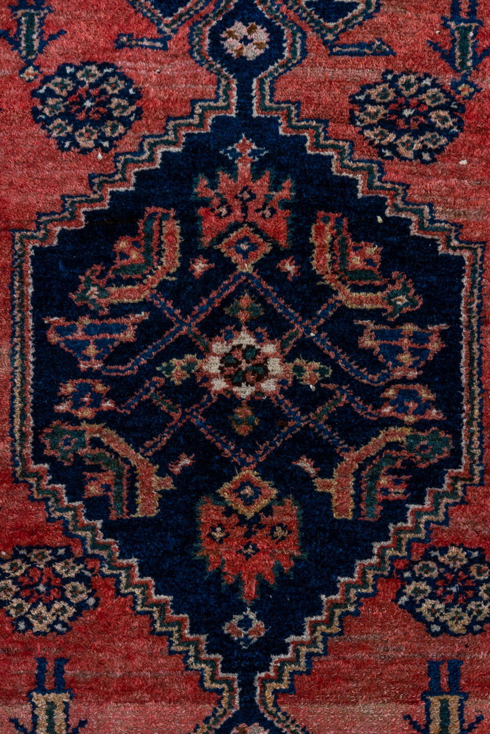 3' x 7' one-of-a-kind handmade vintage Malayer rug. Color palette: navy, rose, rust, ivory, coral, teal, charcoal, blue