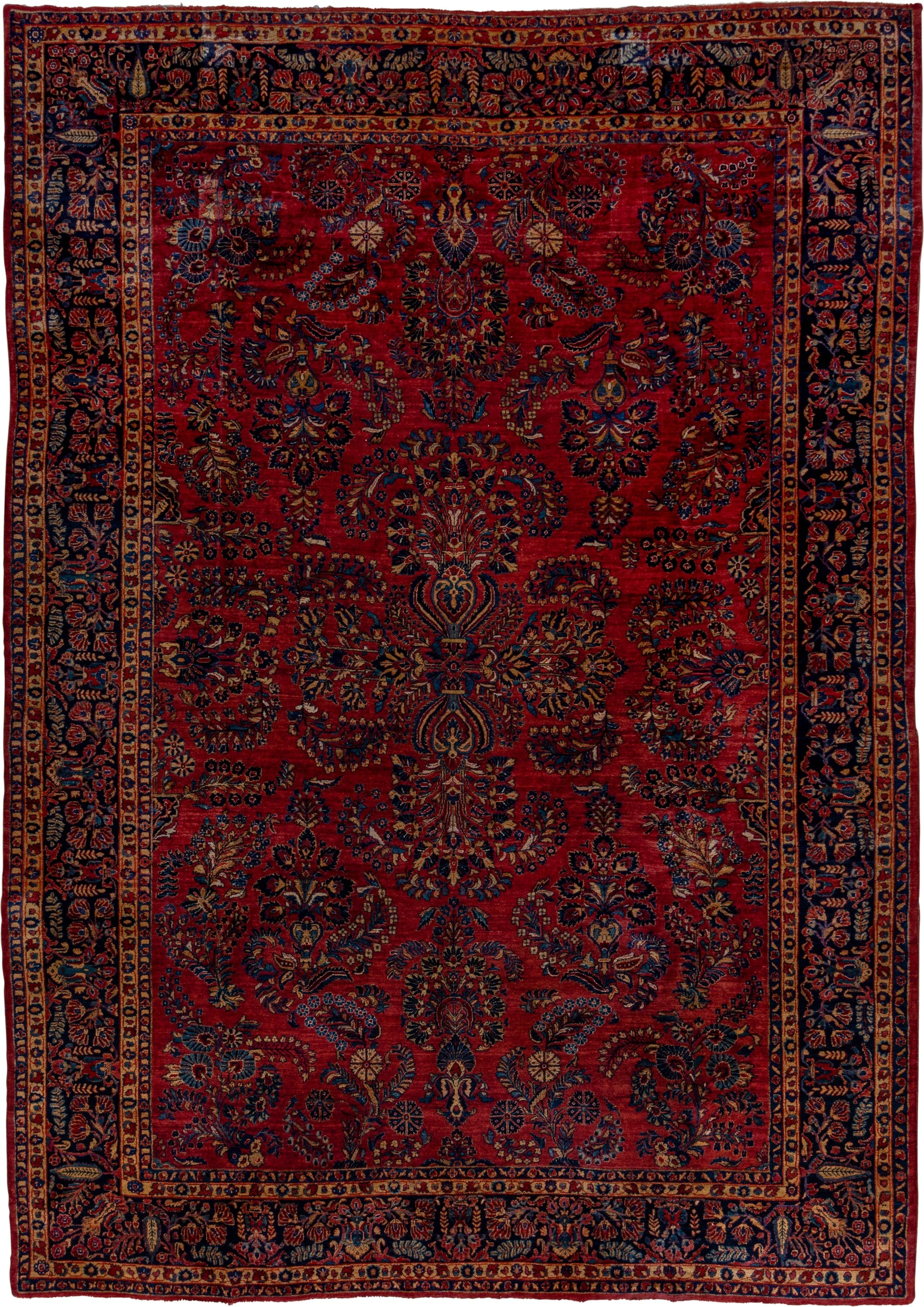 10' x 14' one-of-a-kind handmade vintage Sarouk large size rug. Color palette: red, navy, ivory, rust, gold, camel, slate