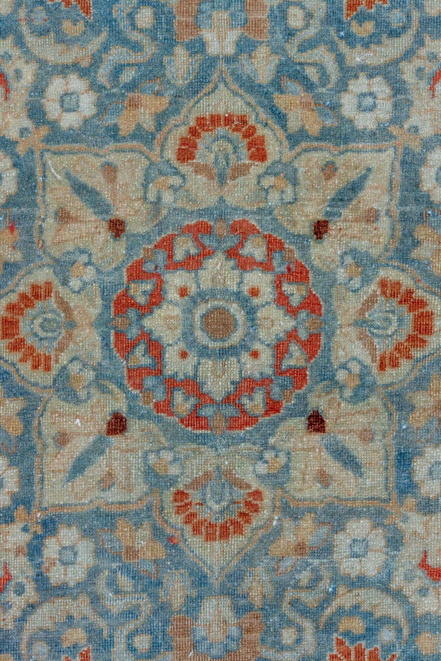8' x 11' one-of-a-kind handmade vintage Tabriz large size rug. Color palette: sky blue, ivory, rust, camel, slate, cream