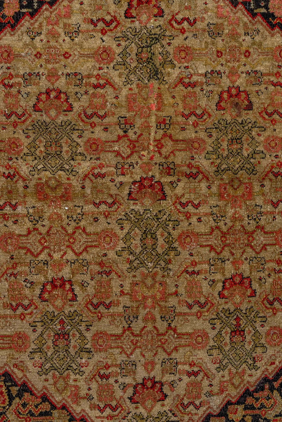 4' x 6' one-of-a-kind handmade vintage Senne small size rug. Color palette: ivory, charcoal, rust, burgundy, camel, sage